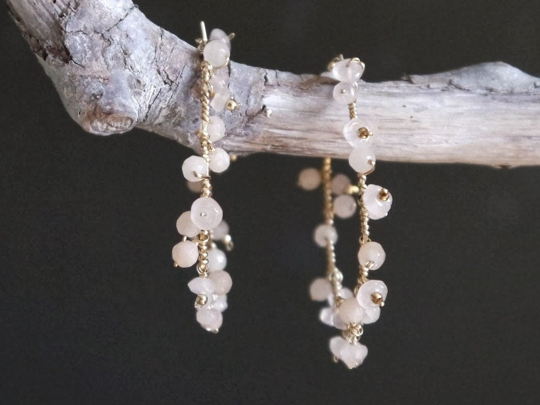 Rose Quartz Floral Hoop Gemstone Earrings, 14K Gold Filled Botanical Bride