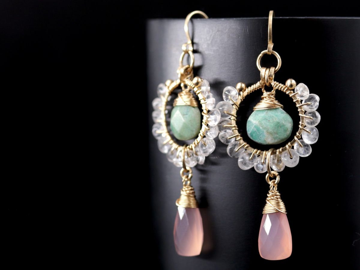 Pink Chalcedony Trillion Ruby in Fuchsite Floral Gemstone Earrings, 14K Gold Filled Unique Boho