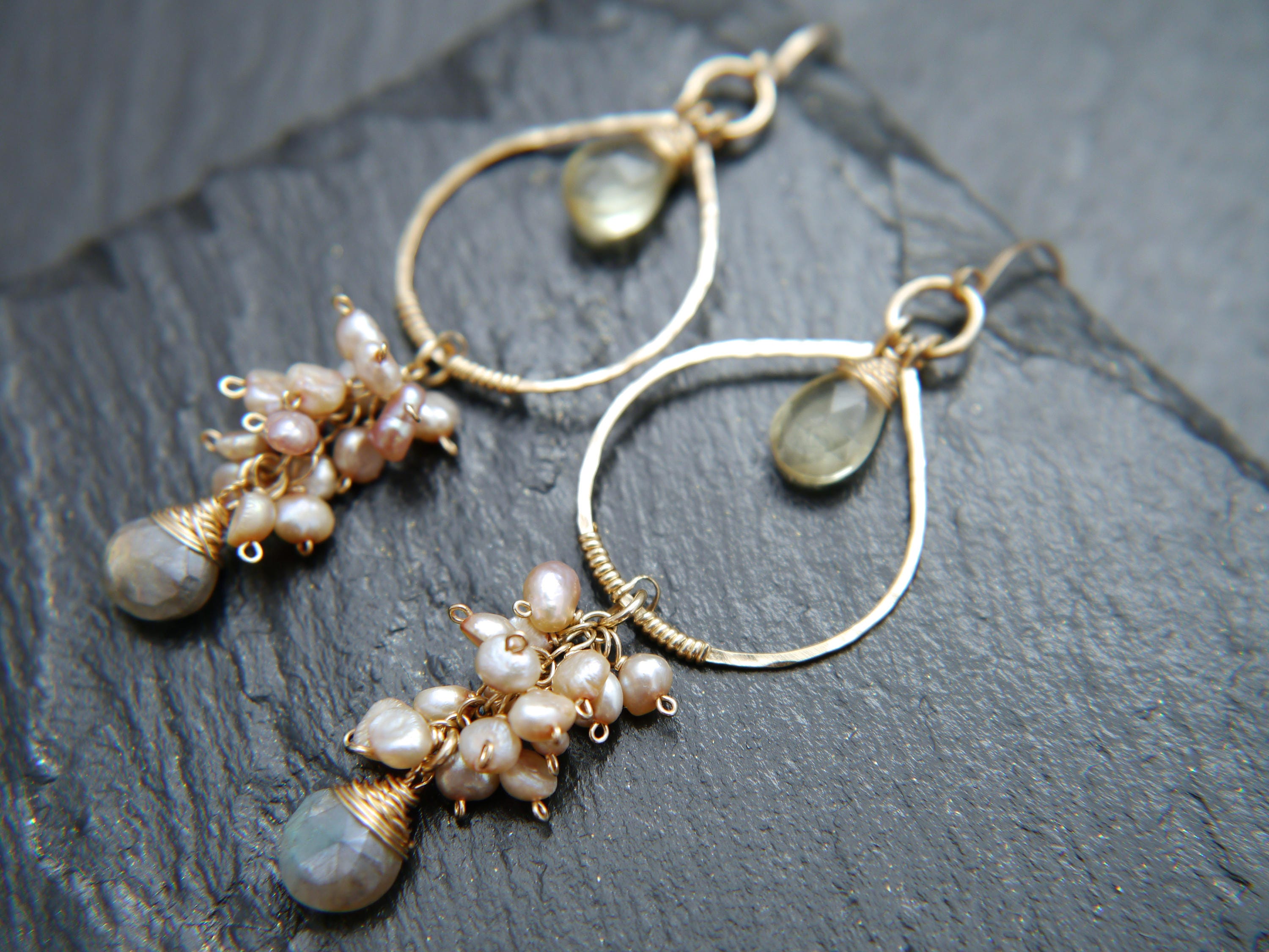 Citrine Labradorite Pearl Floral Chandelier Gemstone Earrings, 14K Gold Filled Bridal