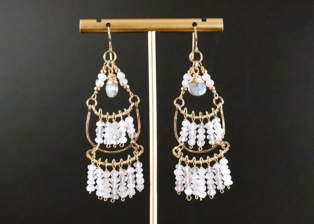 Rose Quartz Labradorite Fringe Chandelier Gemstone Earrings, 14K Gold Filled