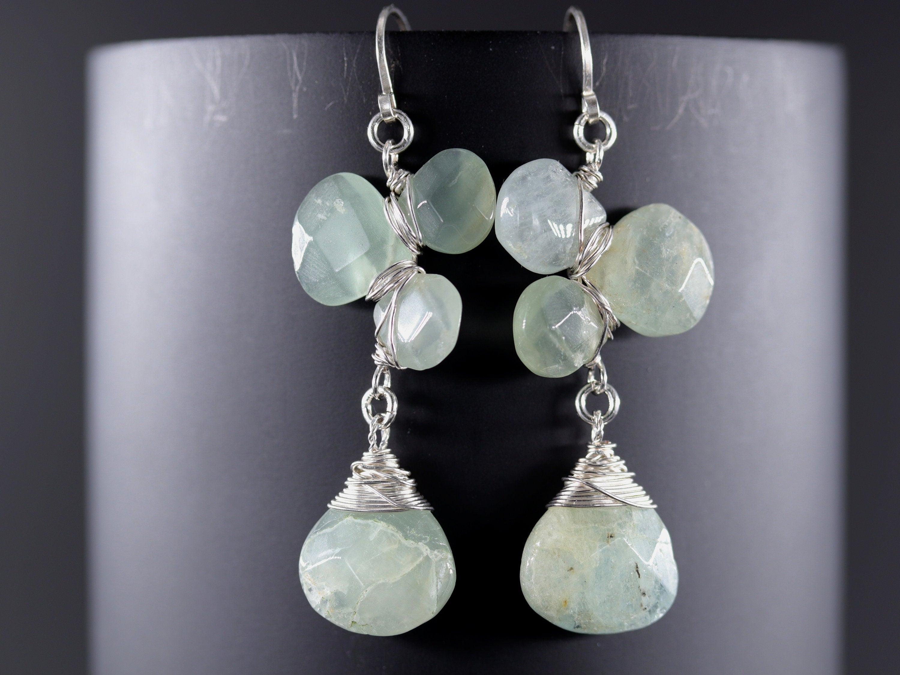 Aquamarine Flower Gemstone Earrings, Sterling Silver Wire Wrapped, Garden Wedding