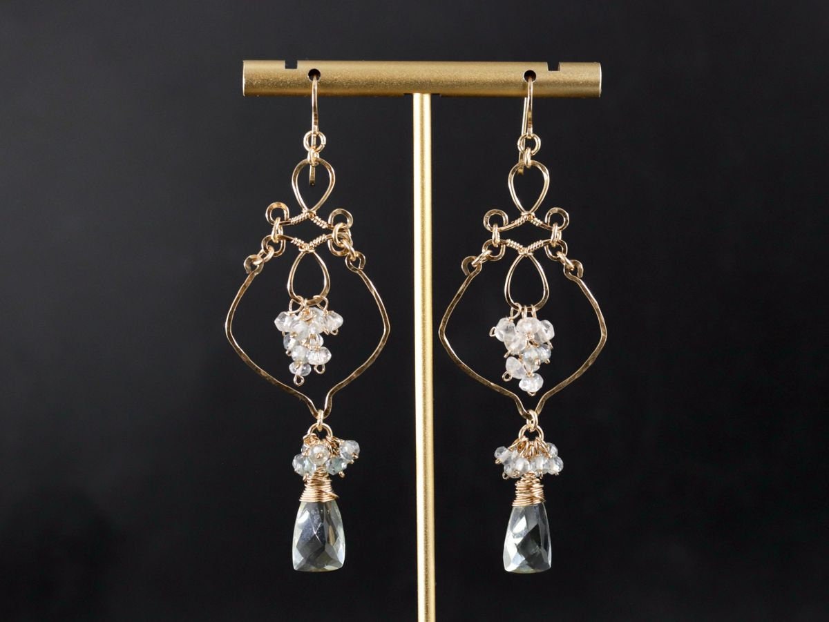 Green Amethyst Pink Opal Floral Chandelier Gemstone Earrings, 14K Gold Filled Bridal