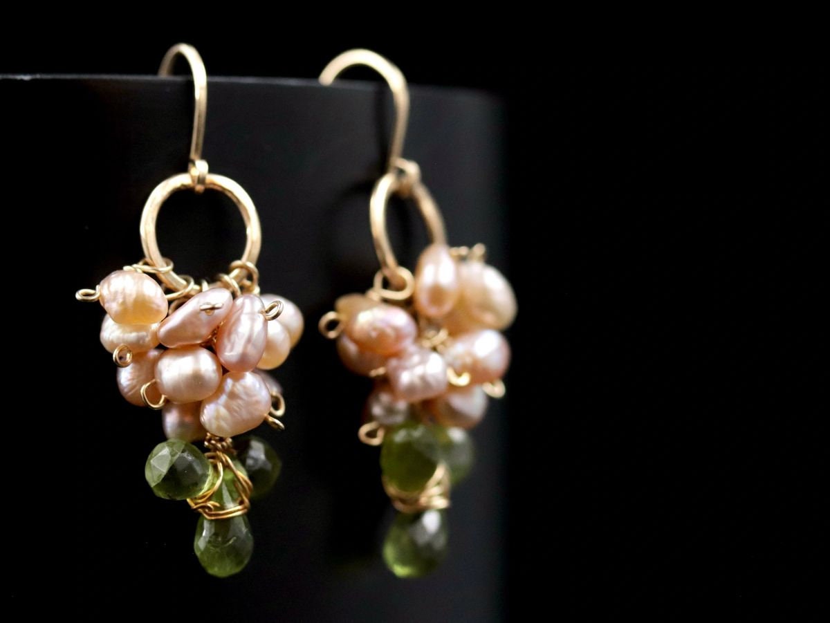 Peridot Pink Freshwater Pearl Floral Dangle Gemstone Earrings, 14K Gold Filled