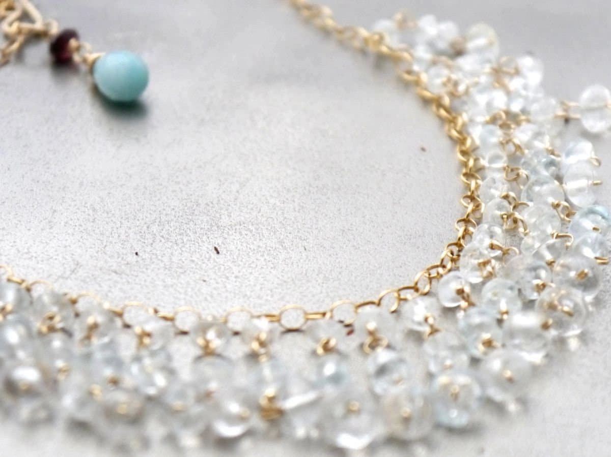 Aquamarine Gemstone Bib Necklace, 14K Gold Filled Bohemian Bride