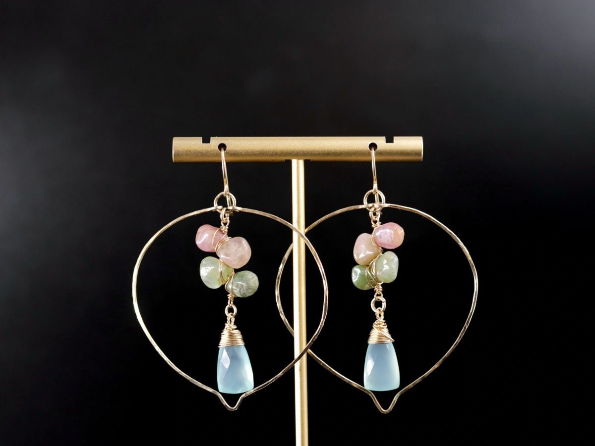 Aqua Chalcedony Tourmaline Floral Chandelier Gemstone Earrings, 14K Gold Filled