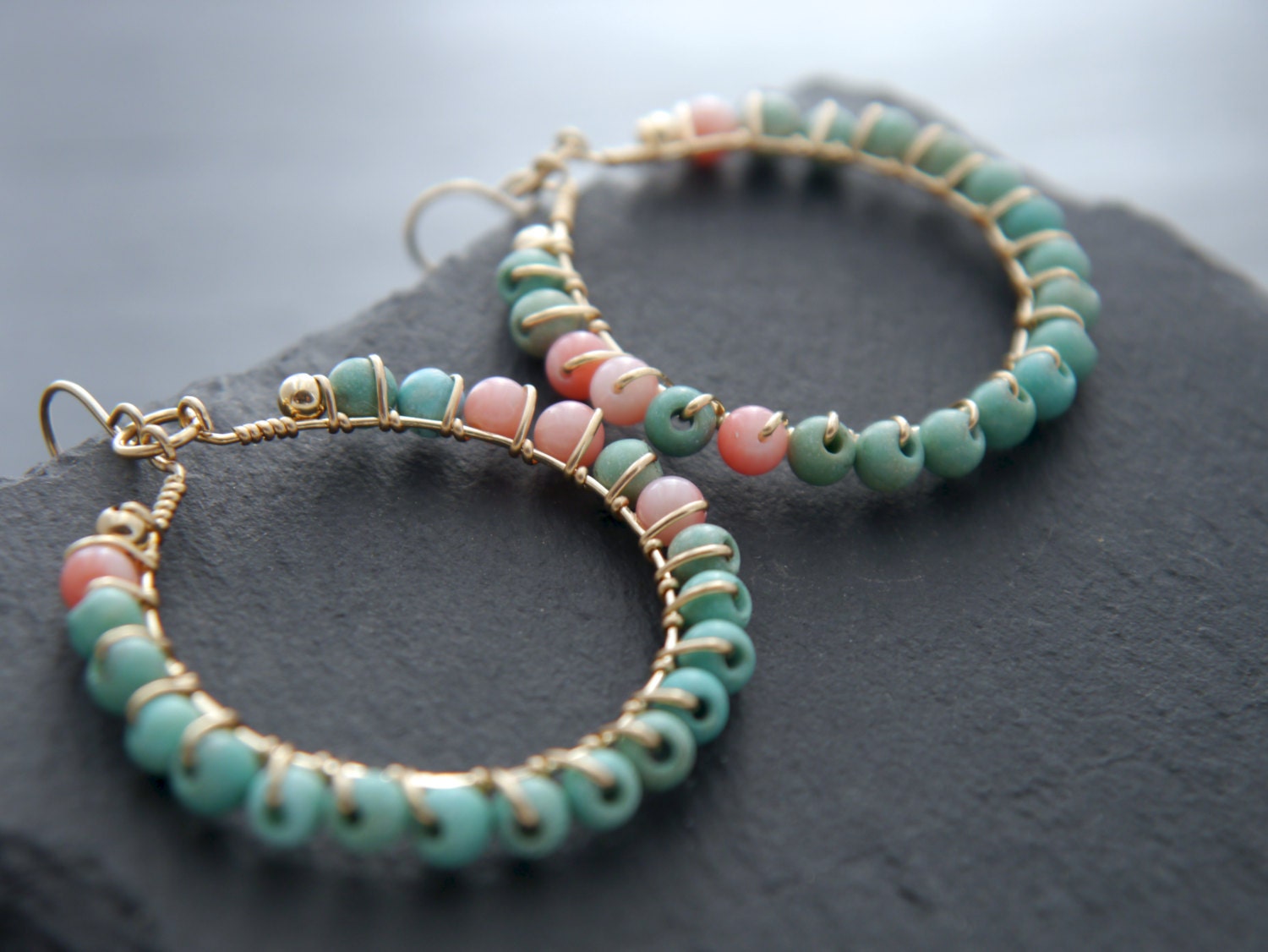 Turquoise Magnesite Coral Hoop Gemstone Earrings, 14K Gold Filled Bohemian Style