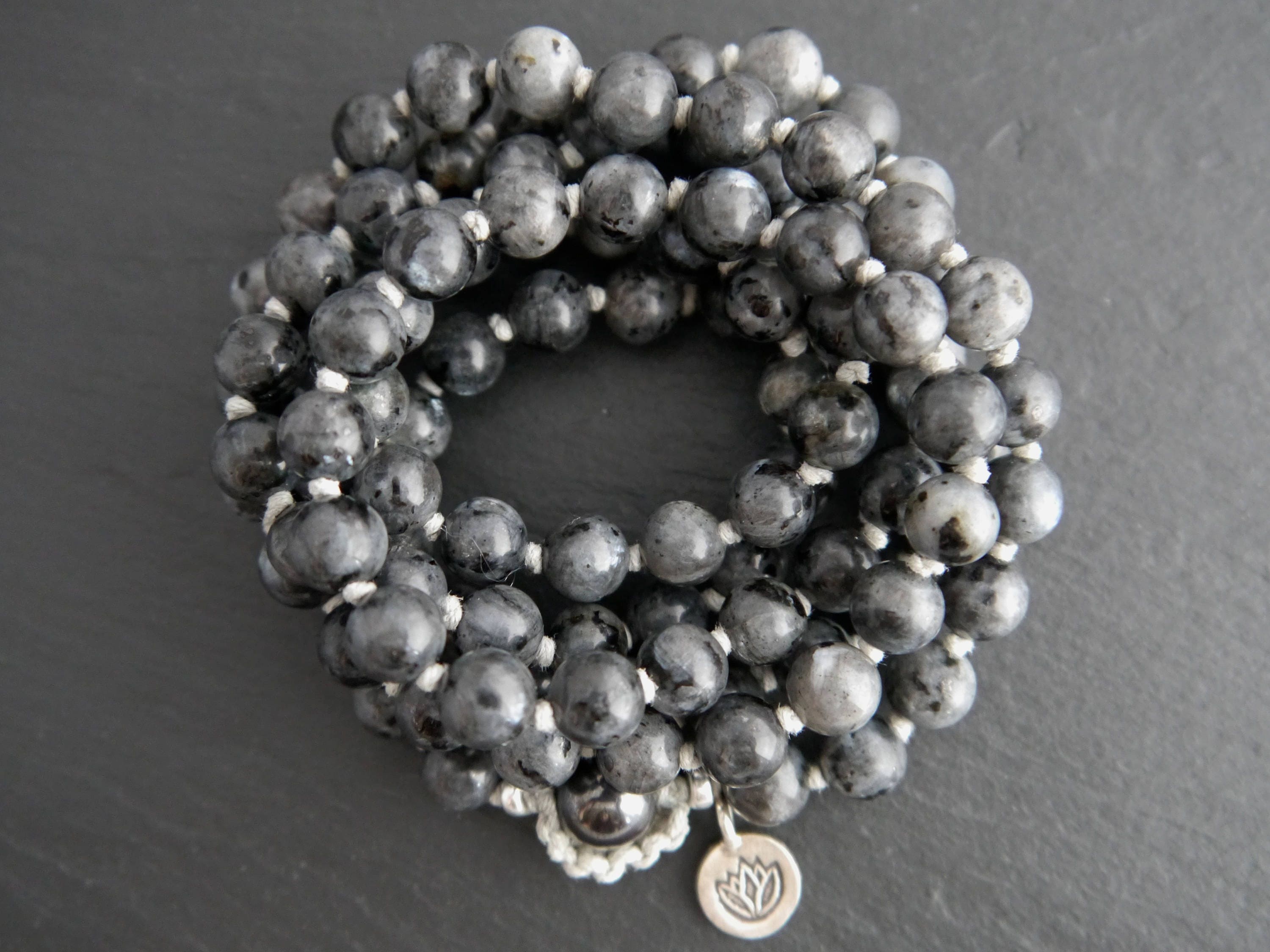 Gray Flash Labradorite Mala Beads, 108 Gemstone Beads, Wrap, Hand Knotted