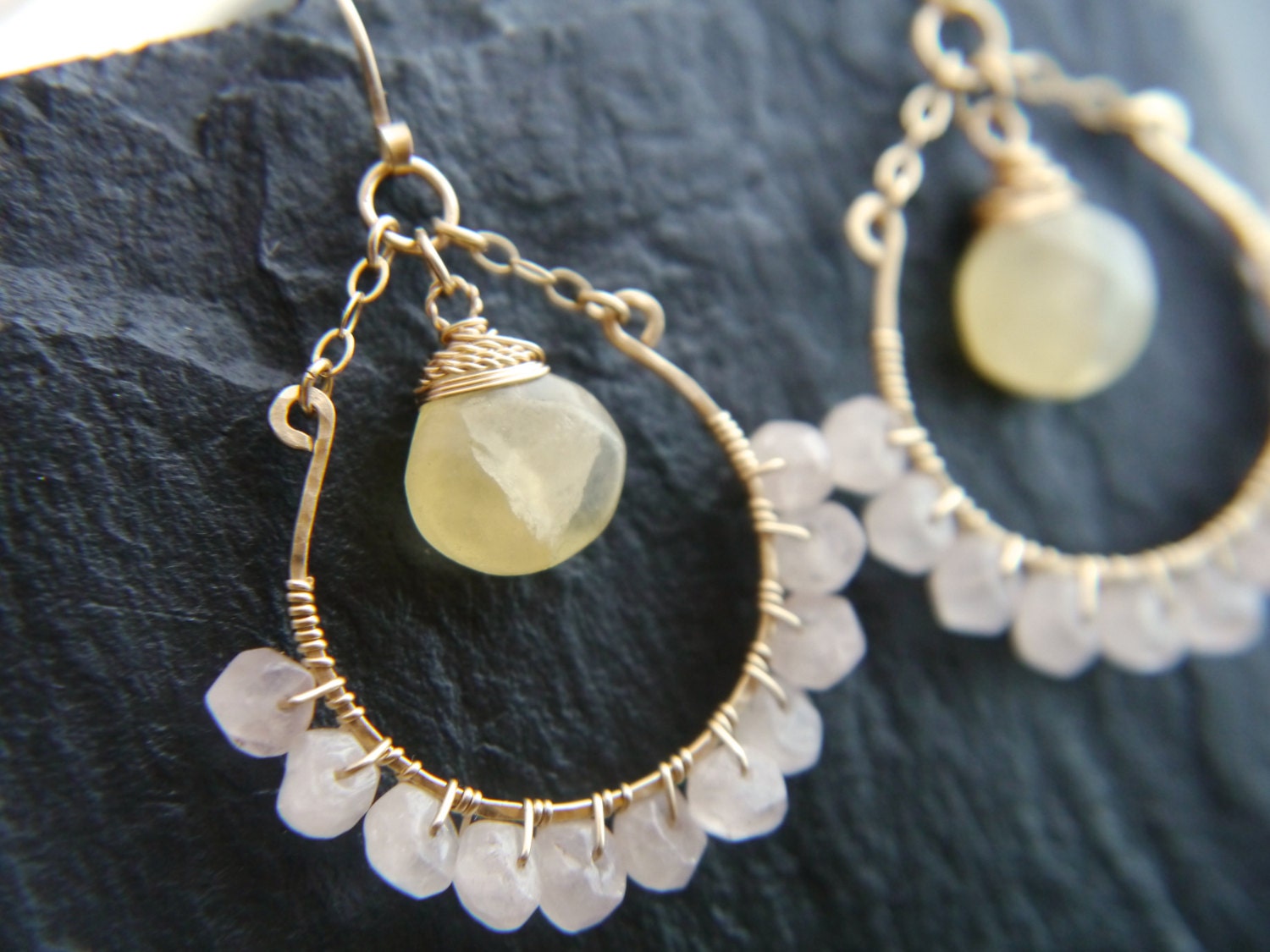 Rose Quartz Yellow Calcite Floral Hoop Gemstone Earrings, 14K Gold Filled Wedding