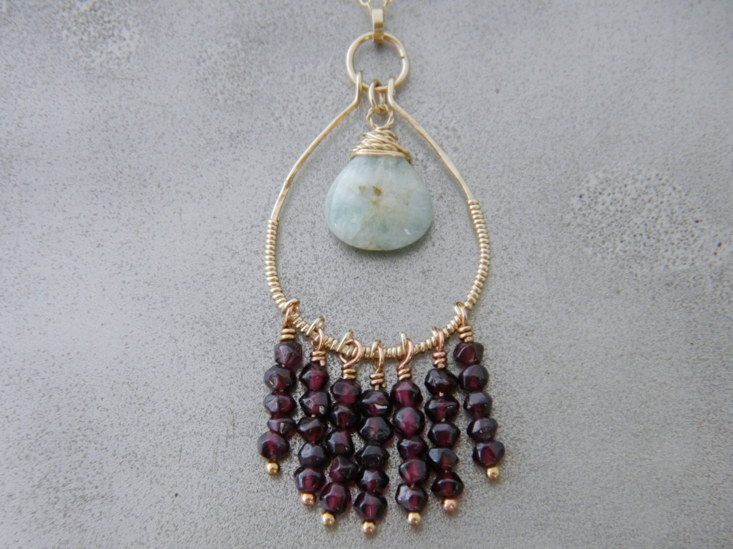 Aquamarine Garnet Tassel Pendant Necklace Gold Filled Statement Jewelry