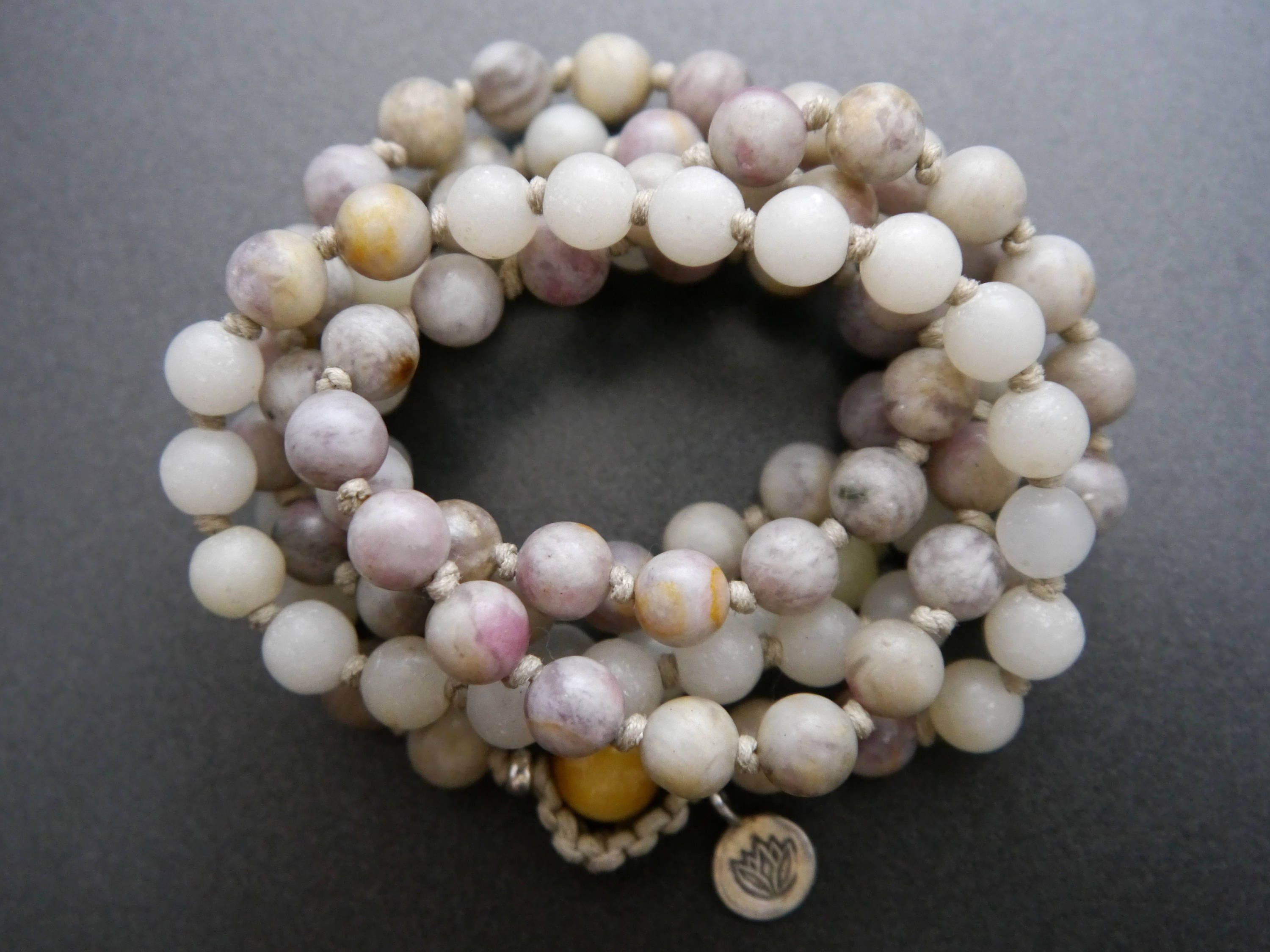 Lilac Stone, Snow Quartz, Tiger's Eye 108 Bead Mala, Hand-Knotted Meditation