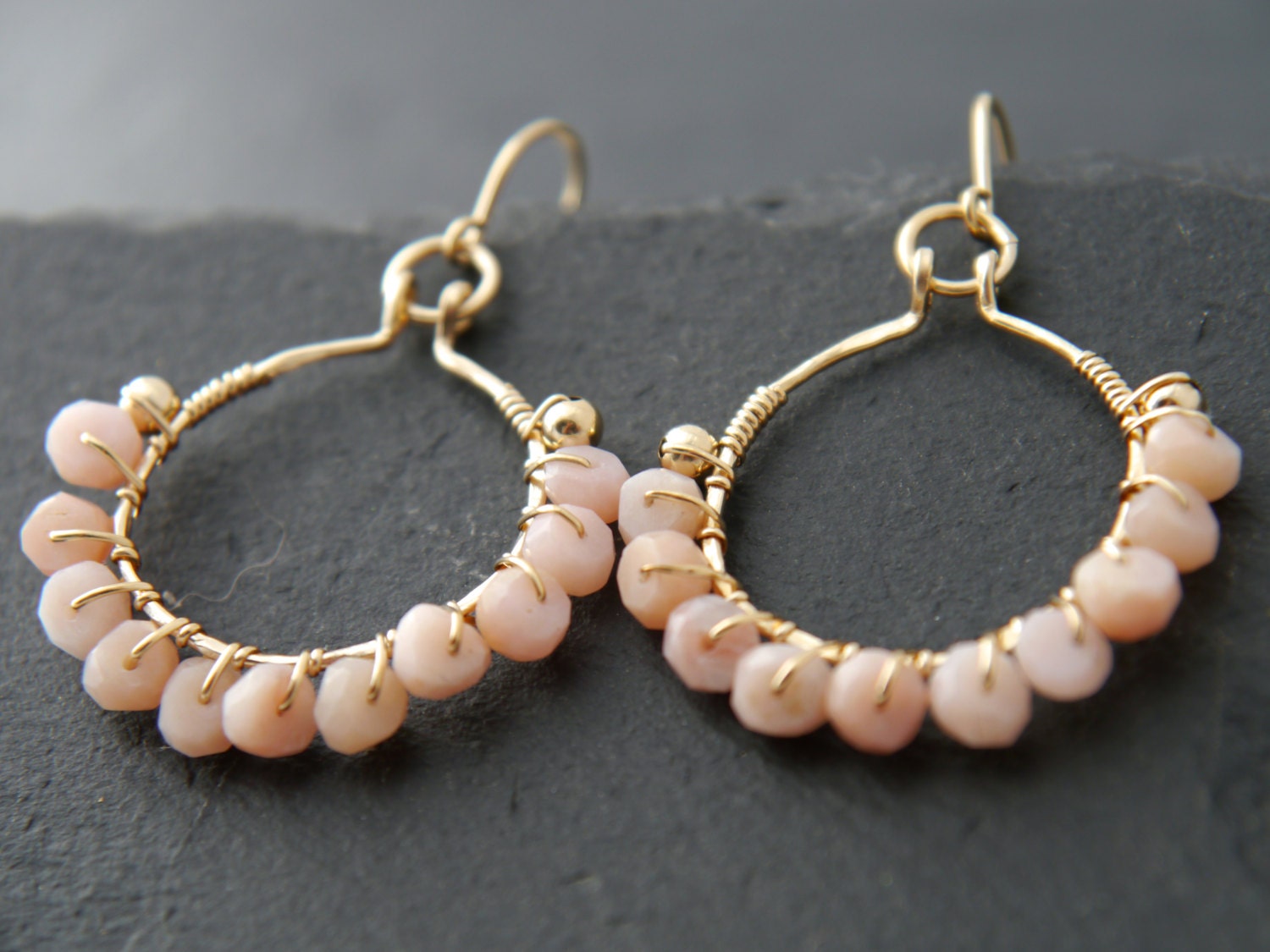 Pink Opal Floral Hoop Gemstone Earrings, 14K Gold Filled Spring Wedding