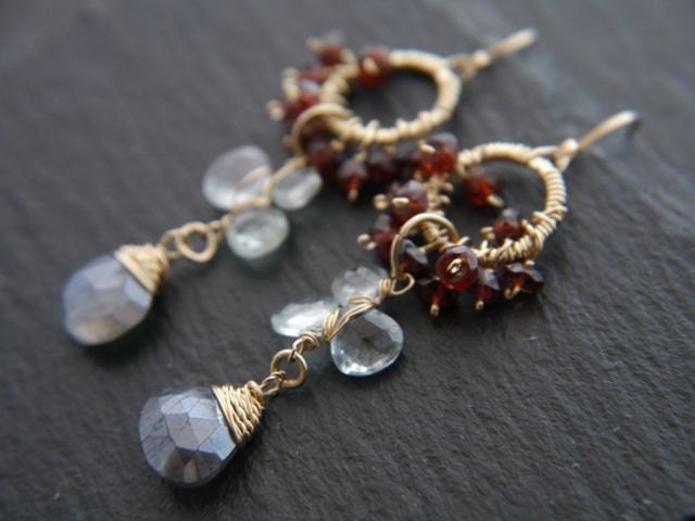 Garnet Labradorite Aquamarine Floral Chandelier Gemstone Earrings, 14K Gold Filled
