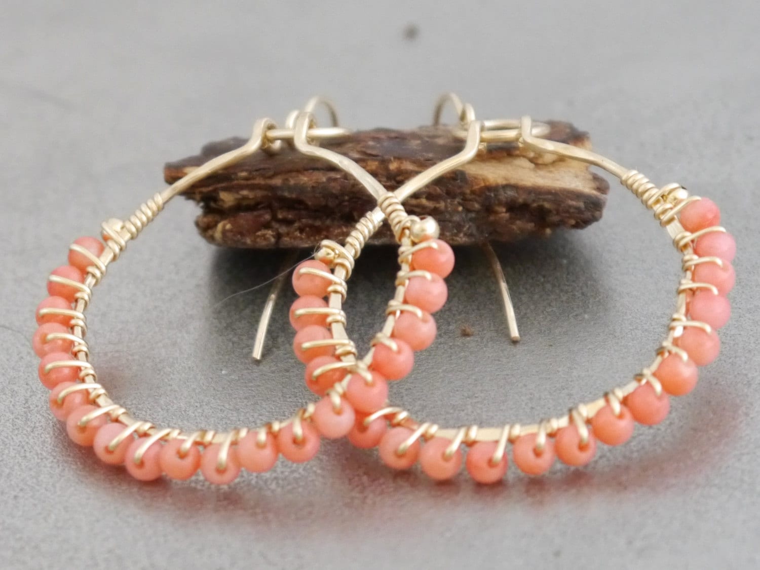 Coral Hoop Gemstone Earrings, 14K Gold Filled Bohemian Style