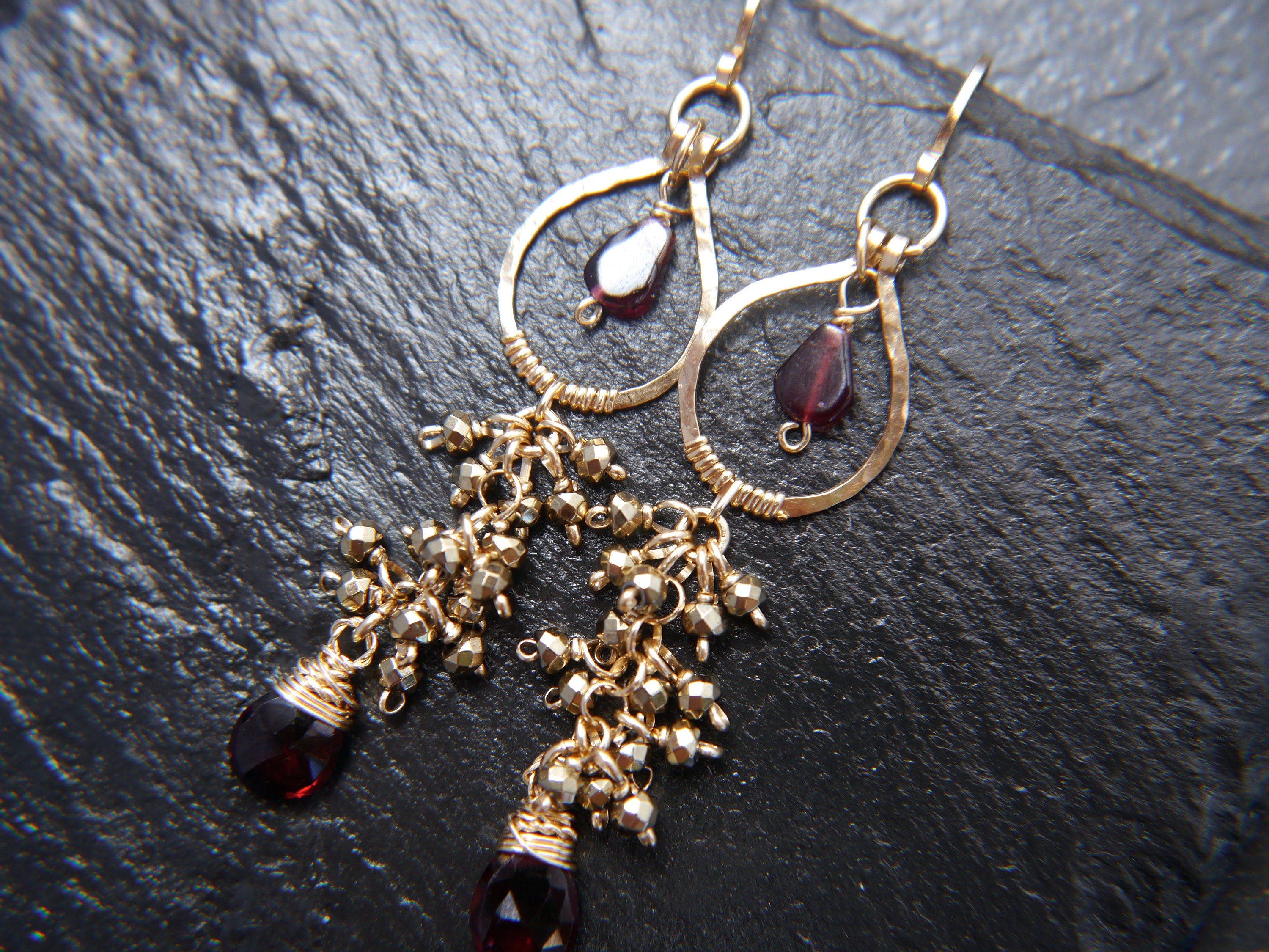 Garnet Chandelier Floral Gemstone Earrings, 14K Gold Filled Bohemian Style