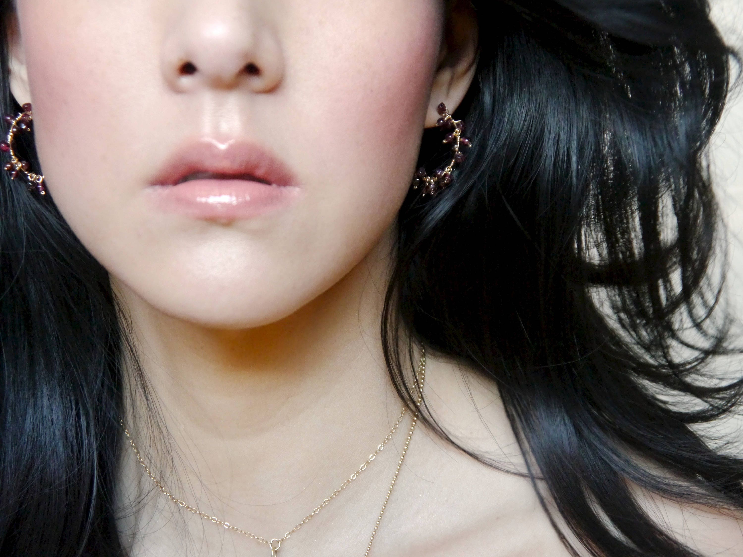 Garnet Hoop Gemstone Earrings, 14K Gold Filled Bohemian Style