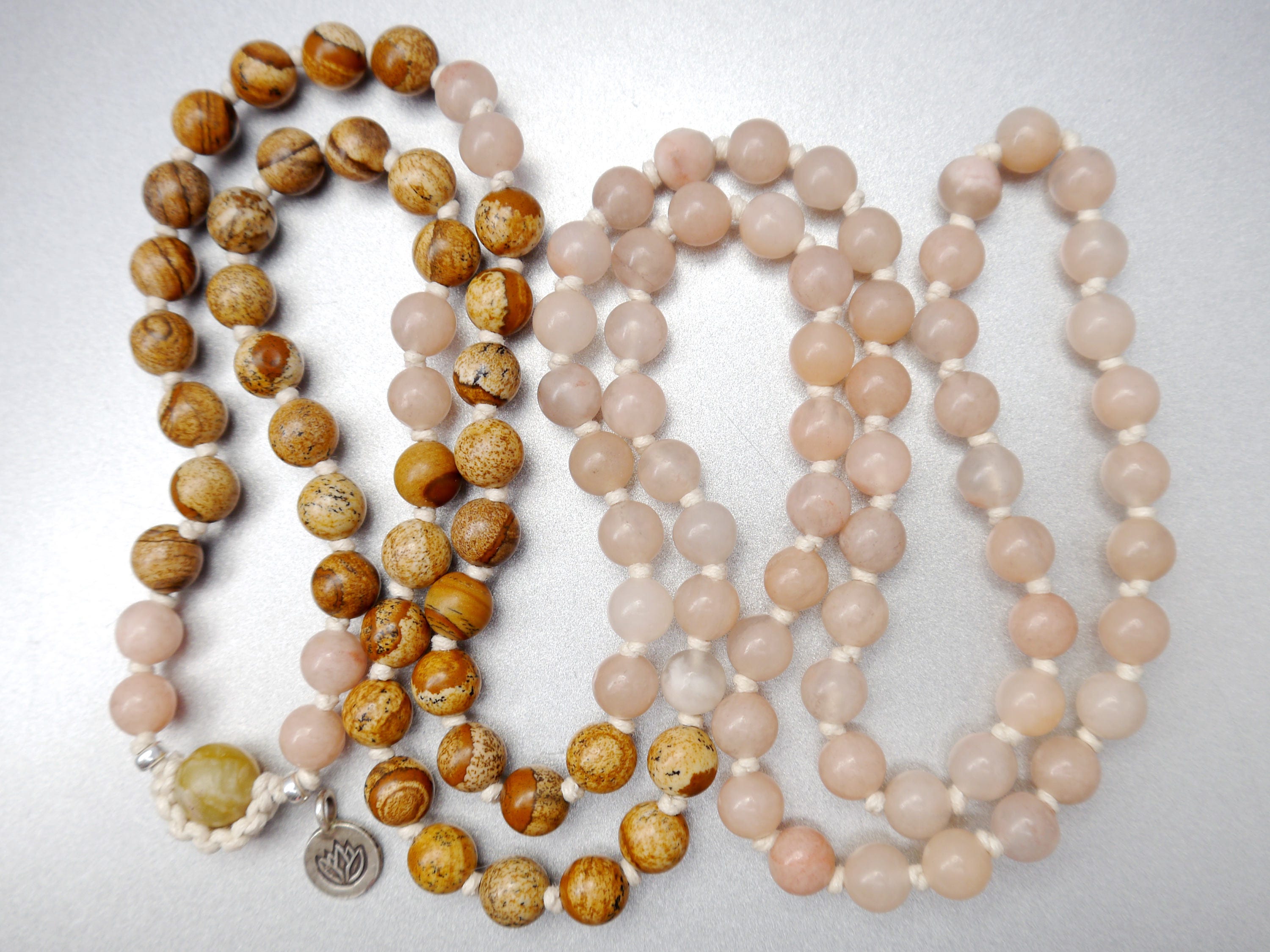 Picture Jasper Pink Aventurine 108 Mala , Hand Knotted , Tibetan Prayer Beads
