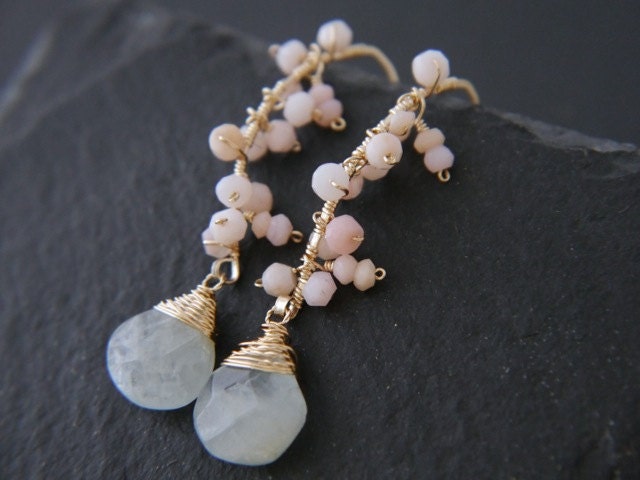 Aquamarine Pink Opal Floral Gemstone Earrings, 14K Gold Filled Ethereal Bride
