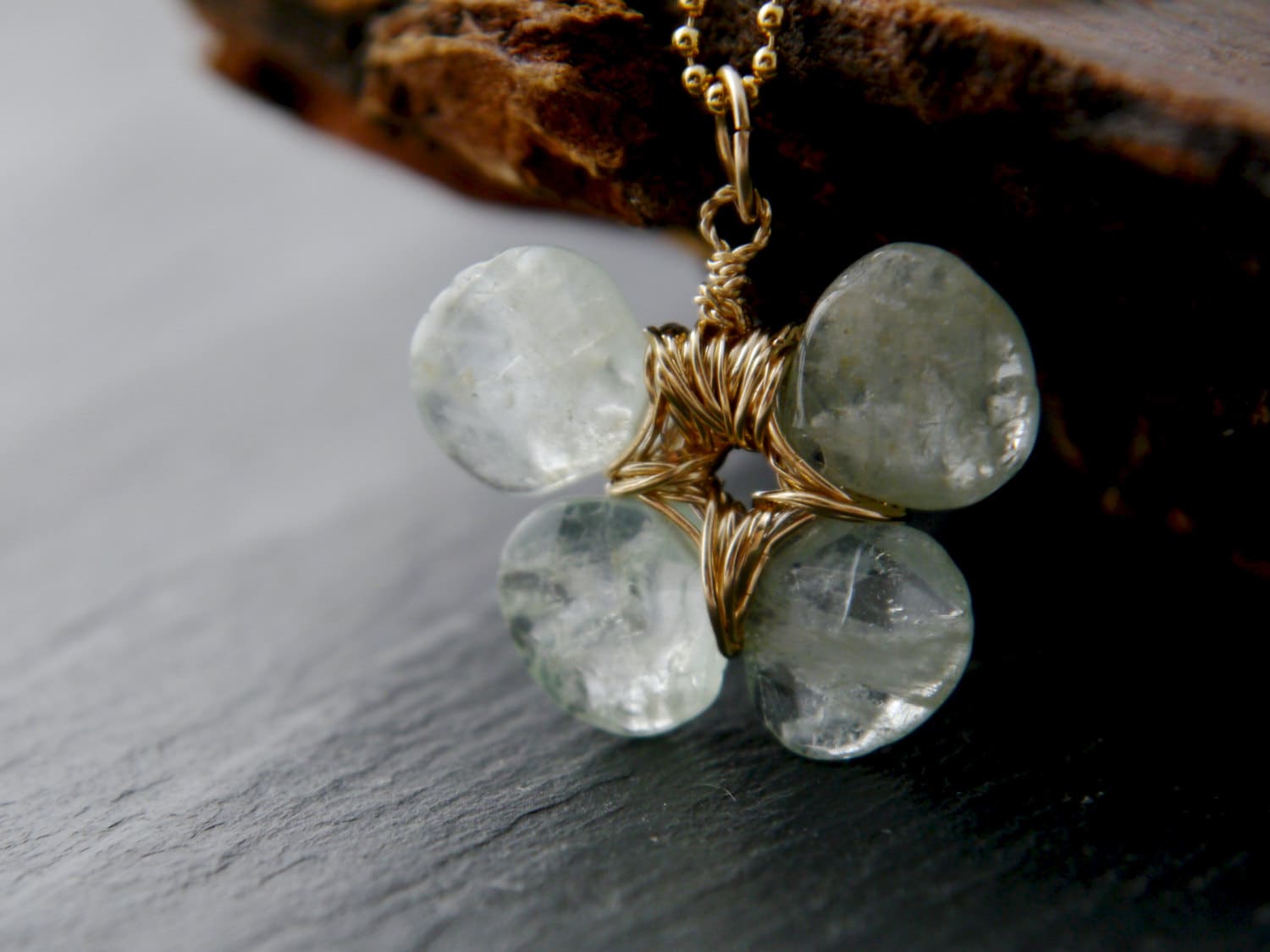Aquamarine Clover Pendant Gemstone Necklace, 14K Gold Filled