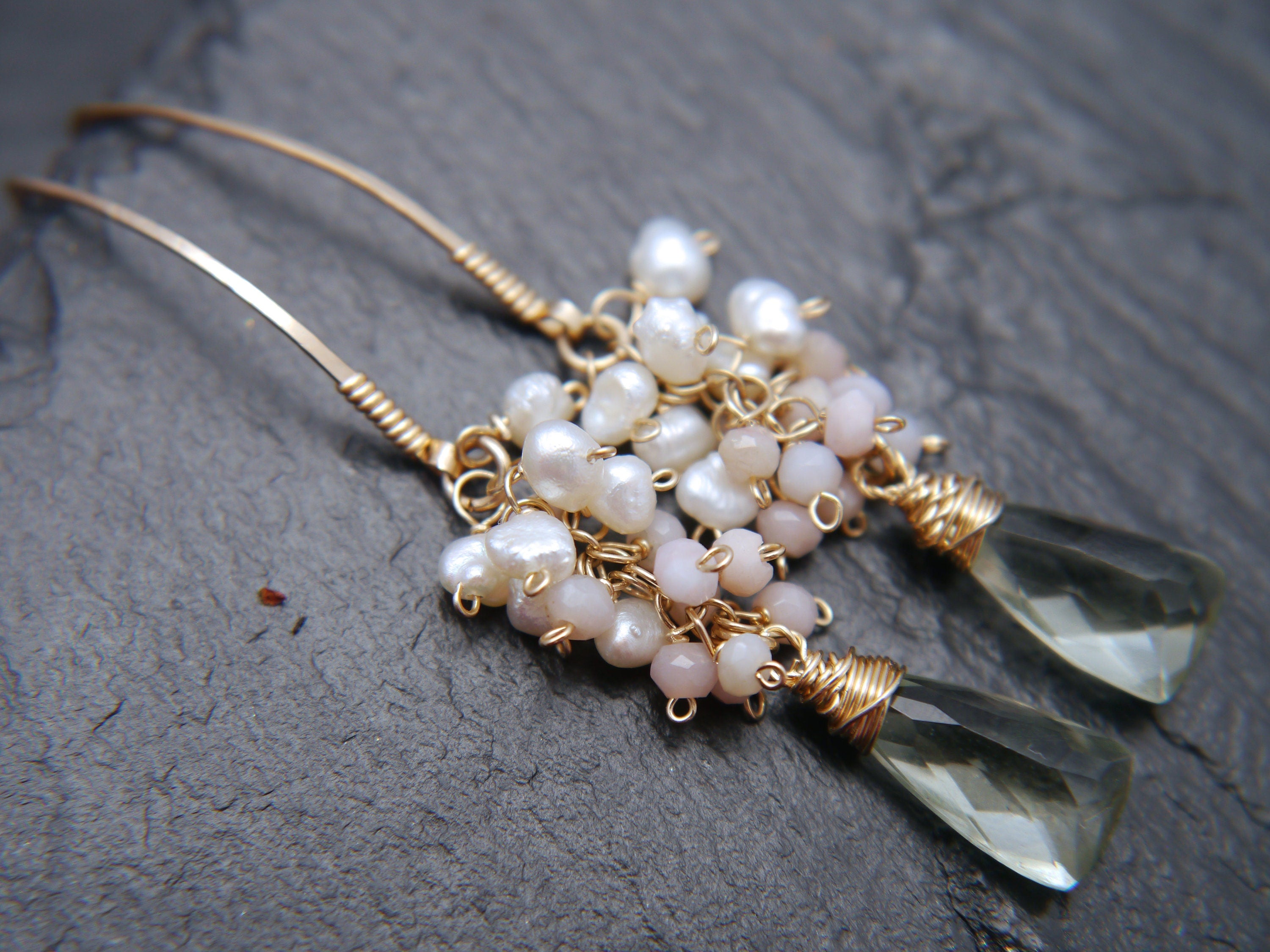 Pearl Pink Opal Green Amethyst Floral Gemstone Earrings, 14K Gold Filled Bohemian Jewelry