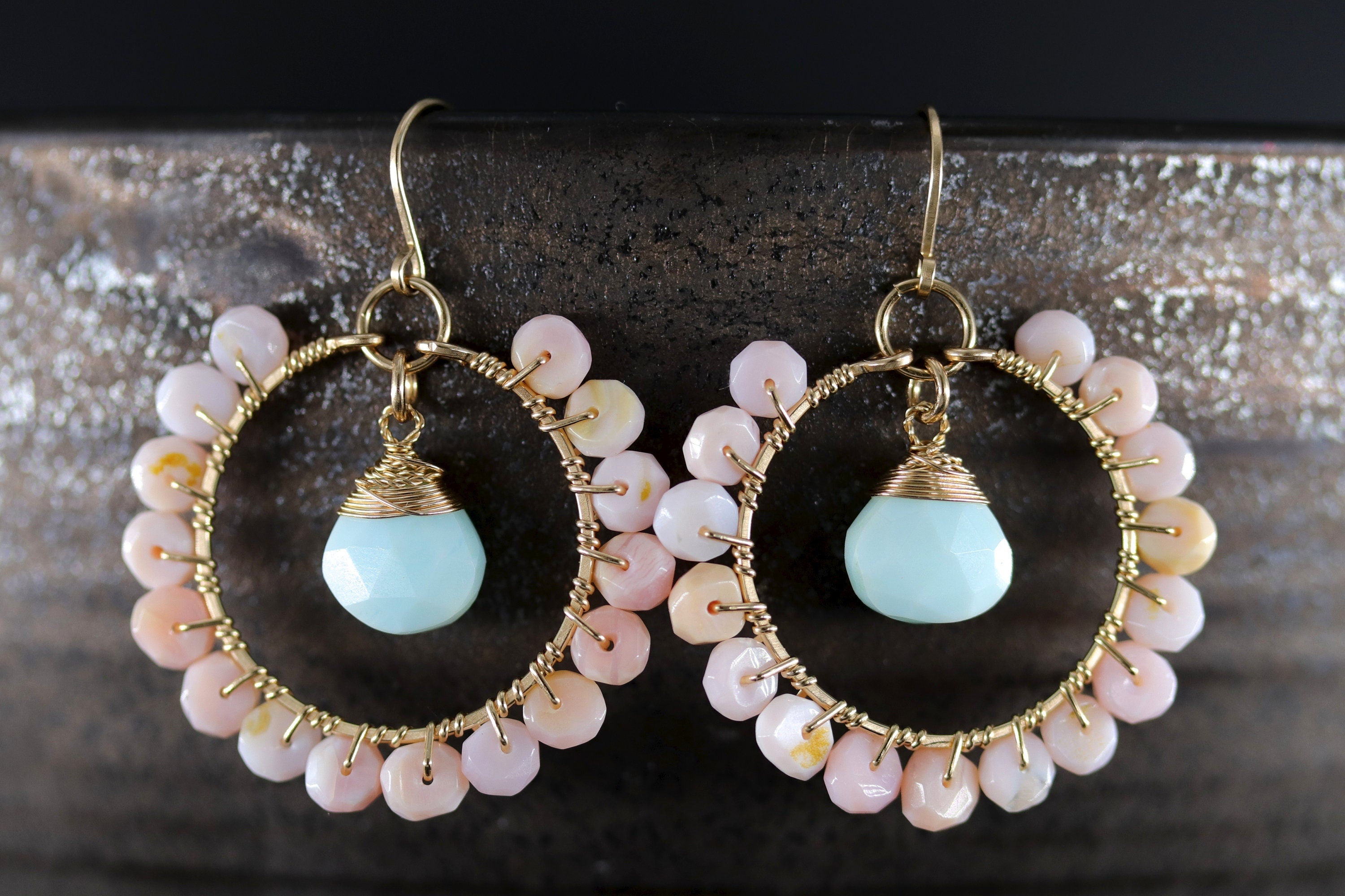 Blue Pink Opal Floral Hoop Gemstone Earrings, 14K Gold Filled Boho Chic Jewelry
