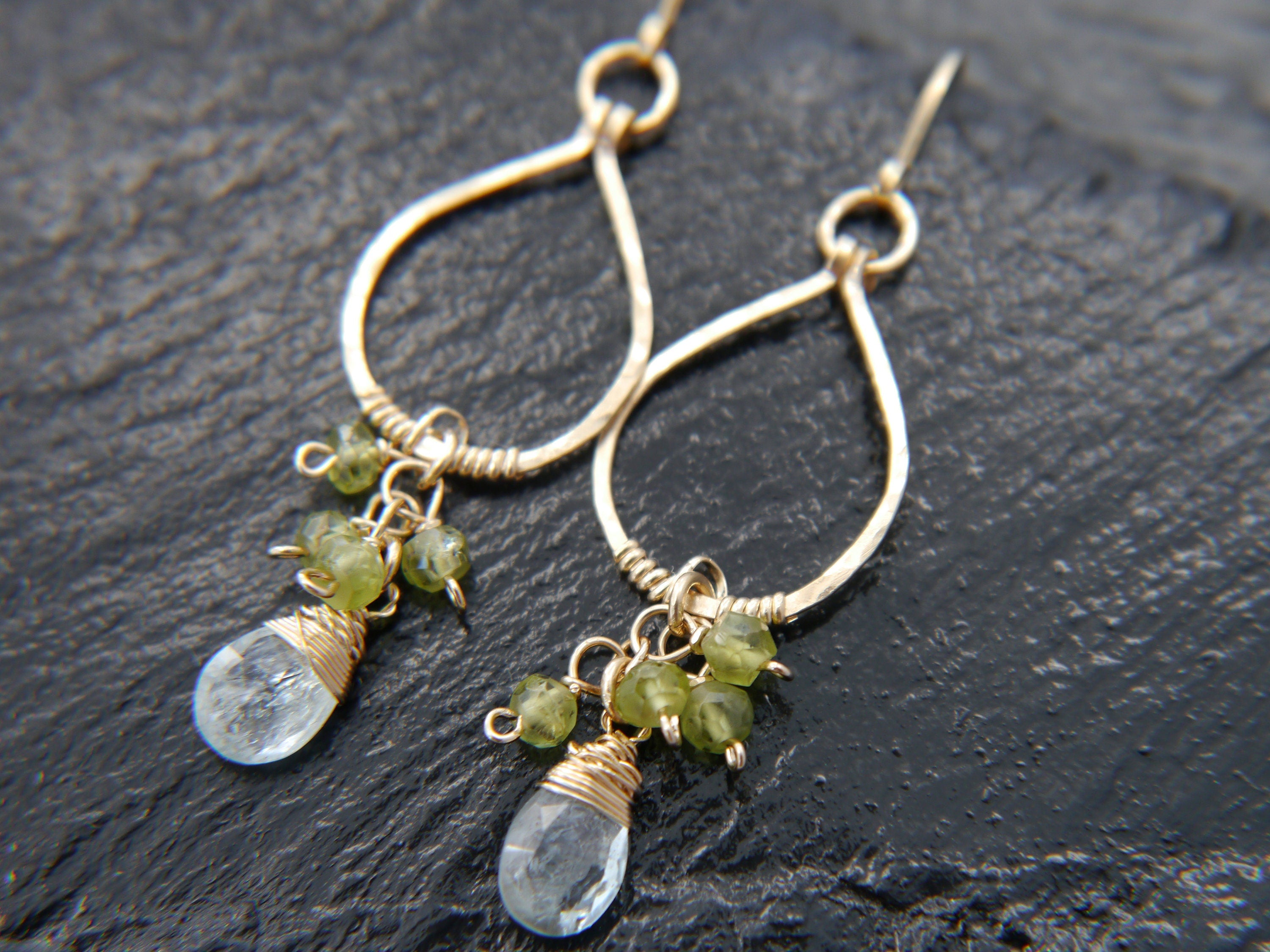 Aquamarine Peridot Chandelier Floral Gemstone Earrings, 14K Gold Filled Bohemian