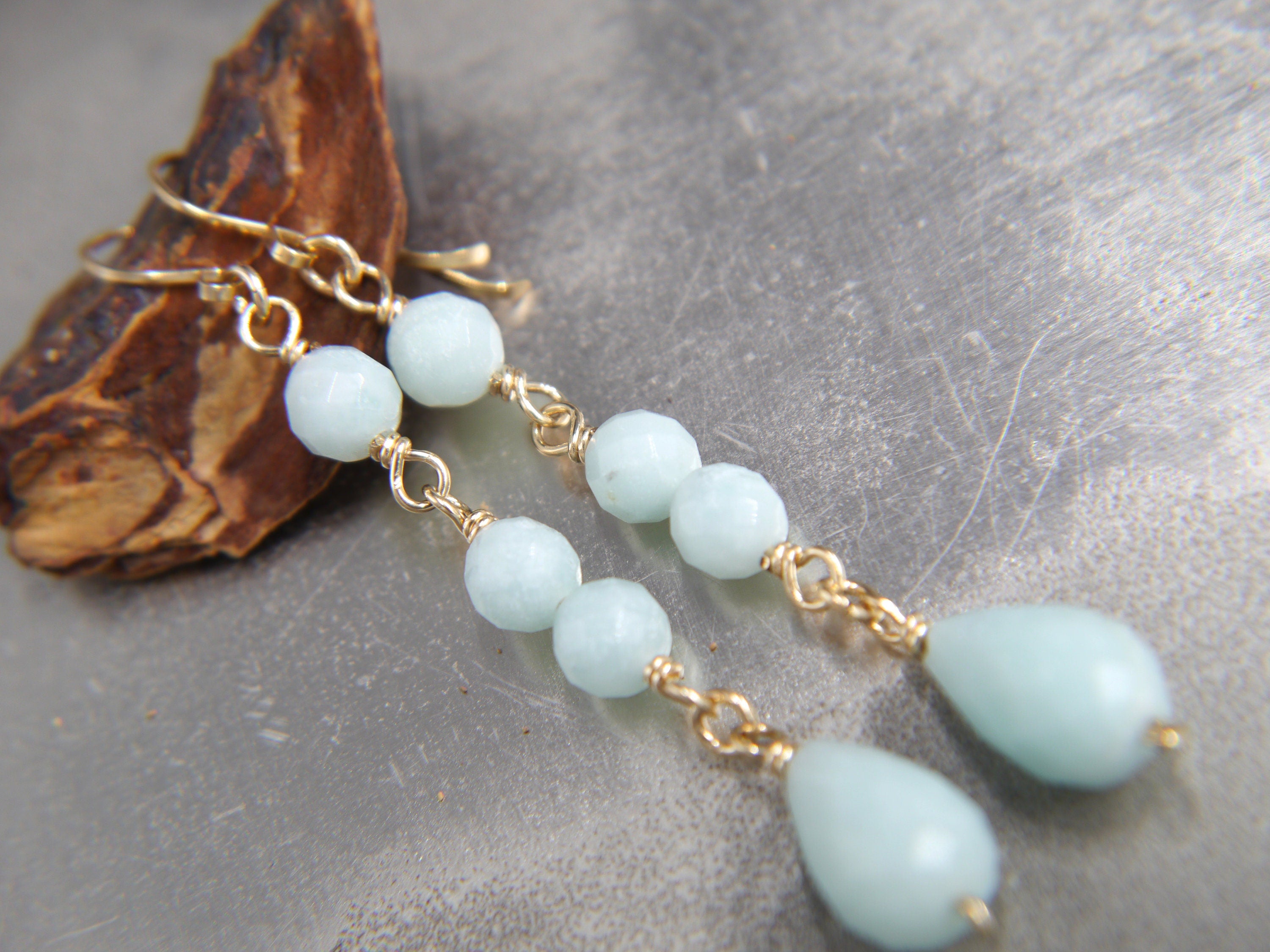 Aqua Amazonite Long Dangle Earrings, 14K Gold Filled Linear Drop, Minimal Jewelry