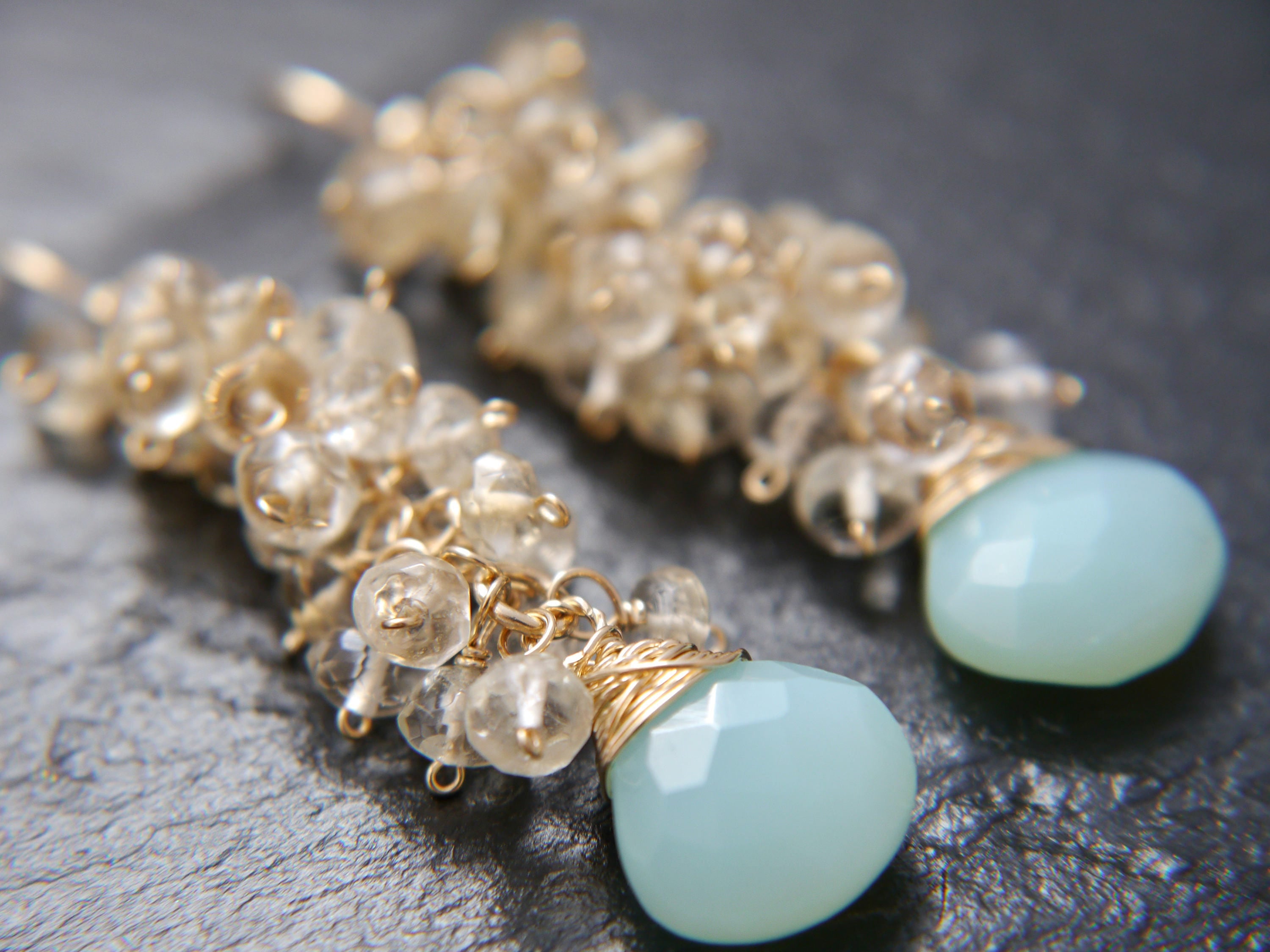 Aqua Chalcedony Citrine Cluster Vine Gemstone Earrings, 14K Gold Filled Bohemian Chic