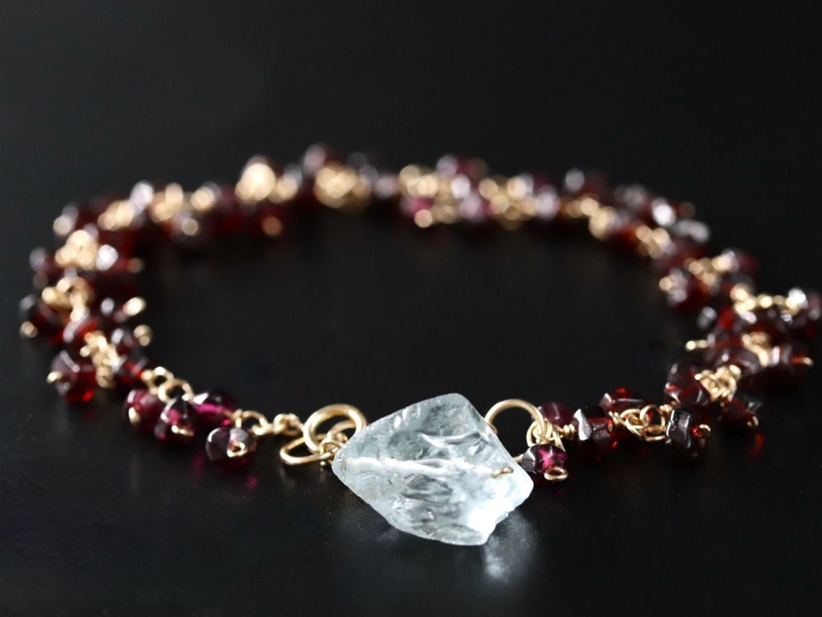 Garnet Aquamarine Gemstone Bracelet, 14K Gold Filled Raw , January Birthstone
