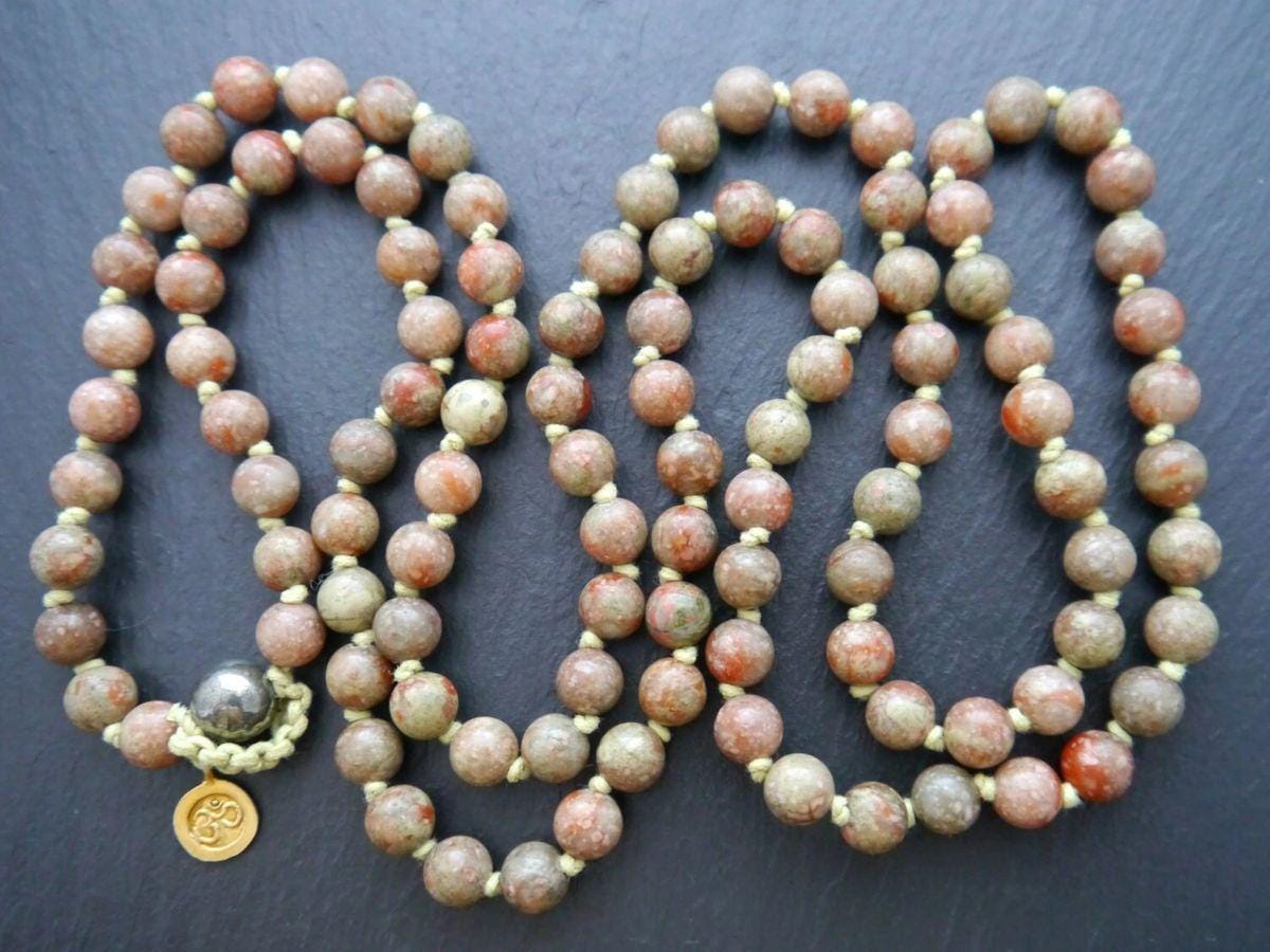 Autumn Jasper 108 Mala Beads, 108 Gemstone Beads, Wrap, Hand Knotted