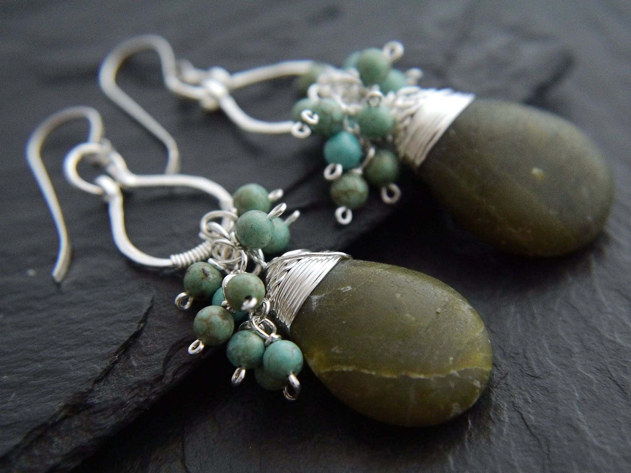 Green Vesuvianite Turquoise Magnesite Cluster Gemstone Earrings, Sterling Silver