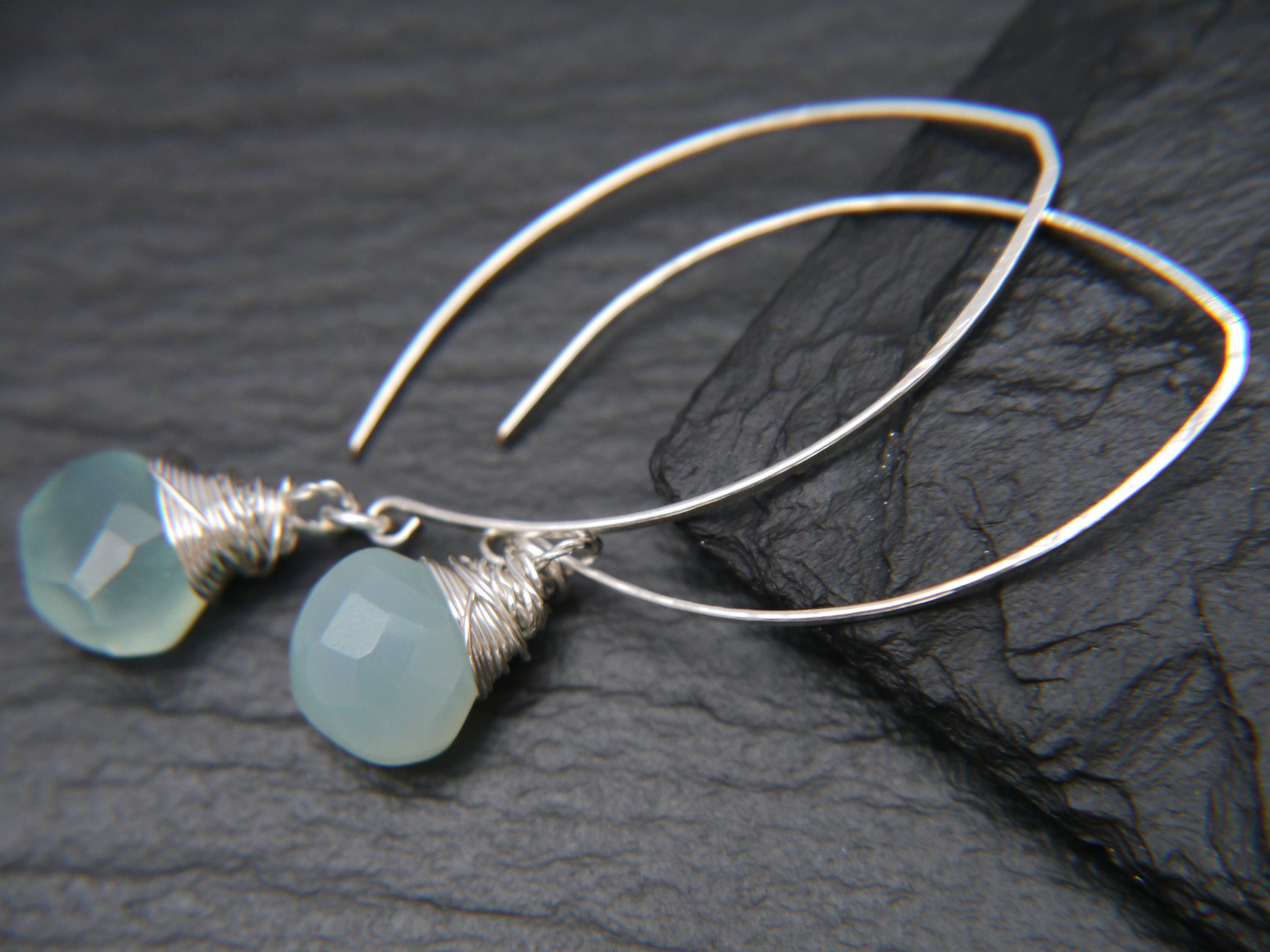 Aqua Chalcedony Briolette Hoop Gemstone Earrings, Sterling Silver