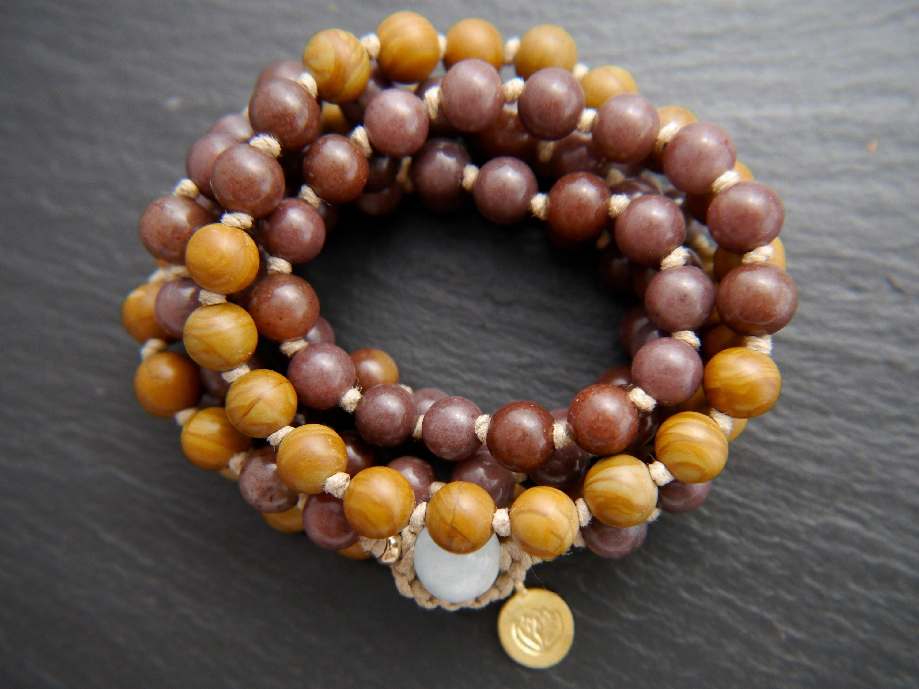 Brown Tigerskin Jasper Purple Aventurine Mala Beads, 108 Gemstone , Hand Knotted