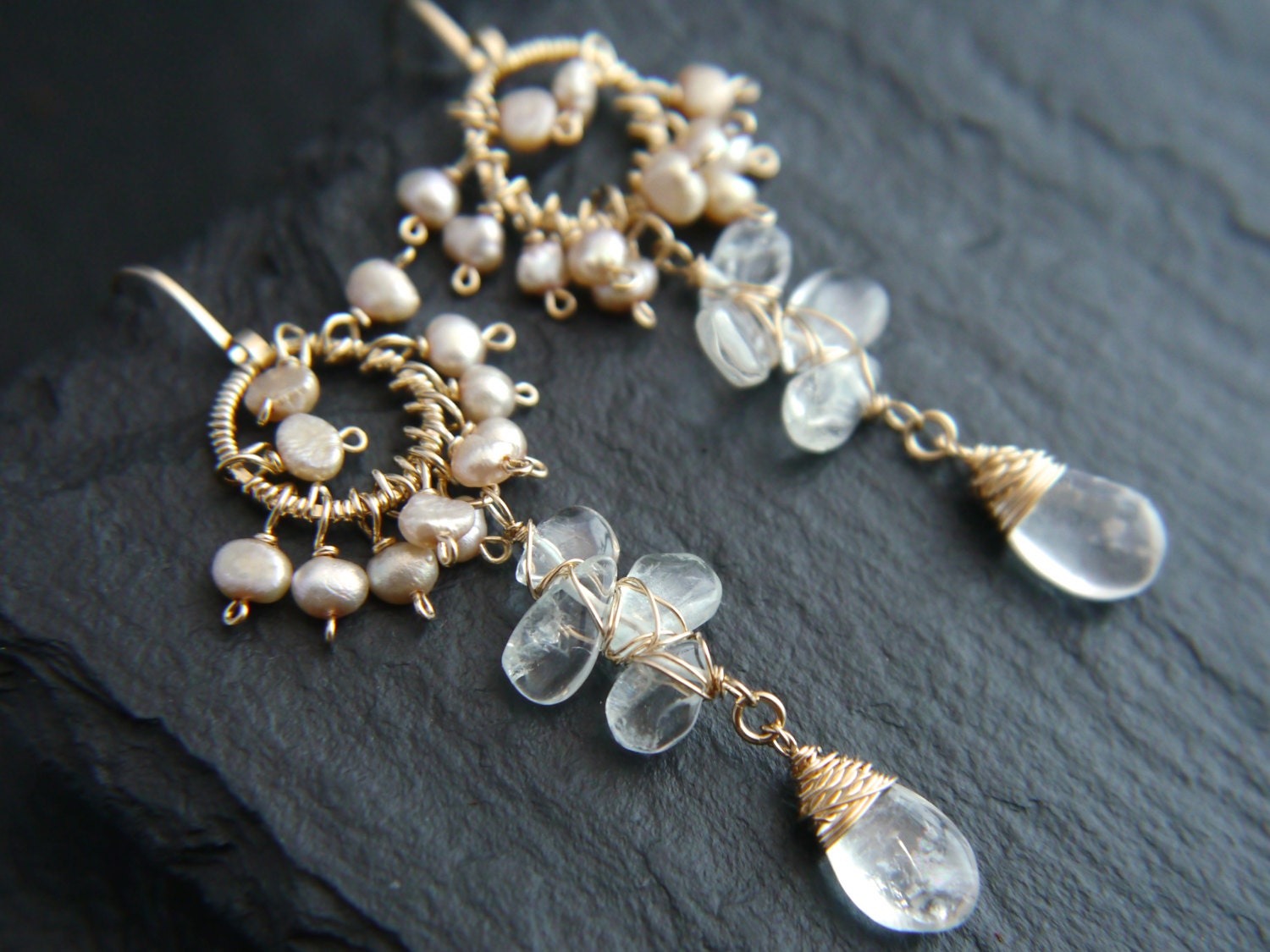Aquamarine Pink Pearl Cluster Chandelier Earrings, 14K Gold Filled Long Dangle, Bridal Jewelry