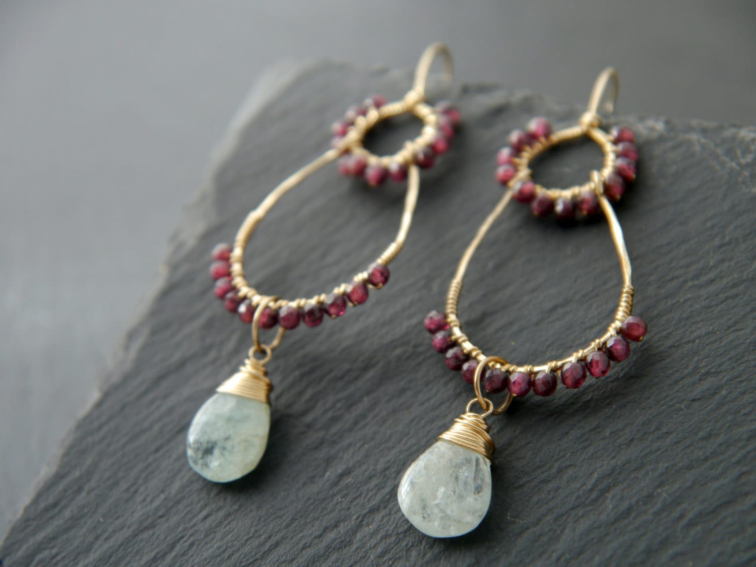 Aquamarine Garnet Chandelier Gemstone Earrings, 14K Gold Filled Botanical Design
