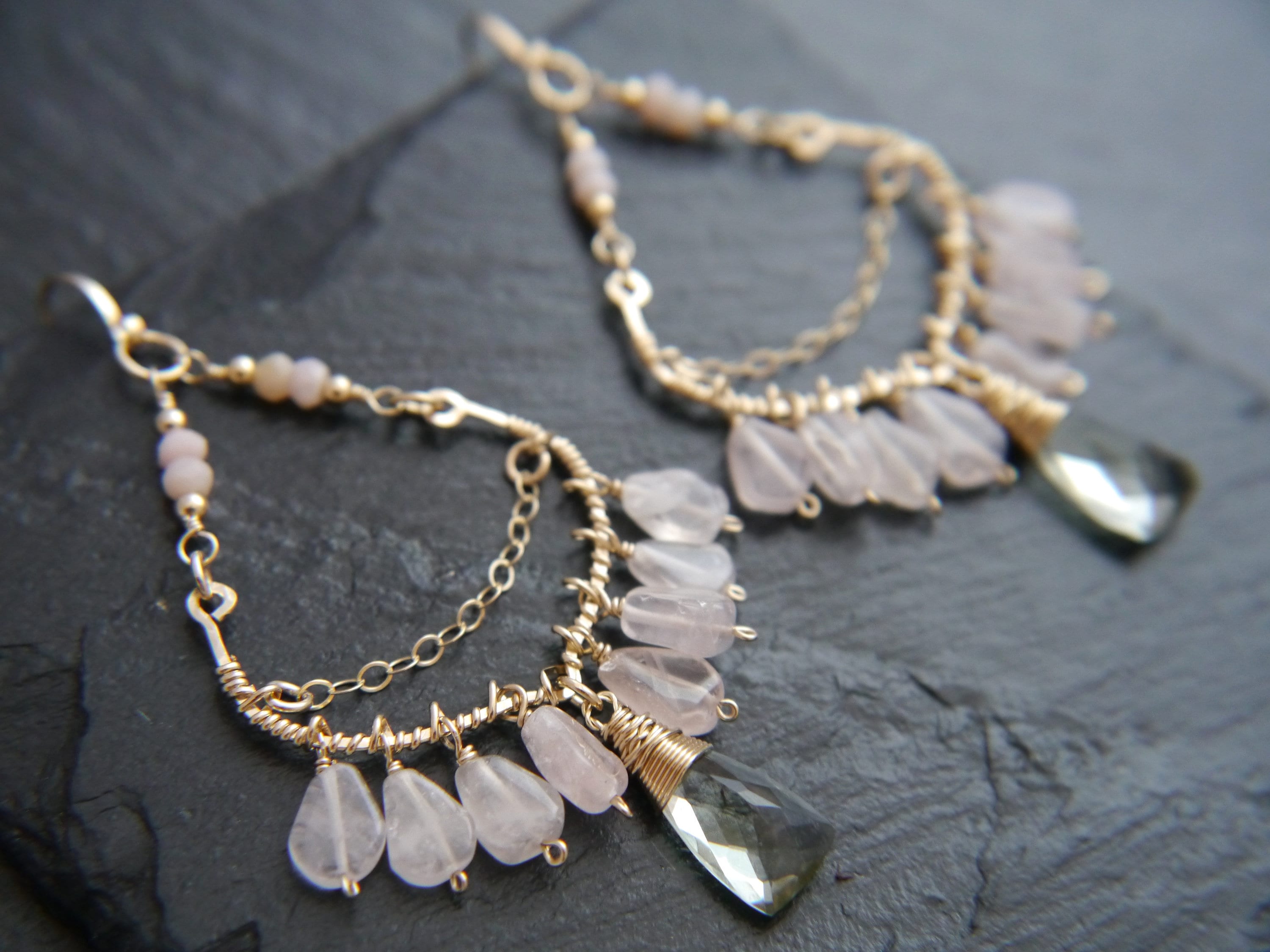Pink Rose Quartz Bohemian Chandelier Fringe Gemstone Earrings, 14K Gold Filled Boho