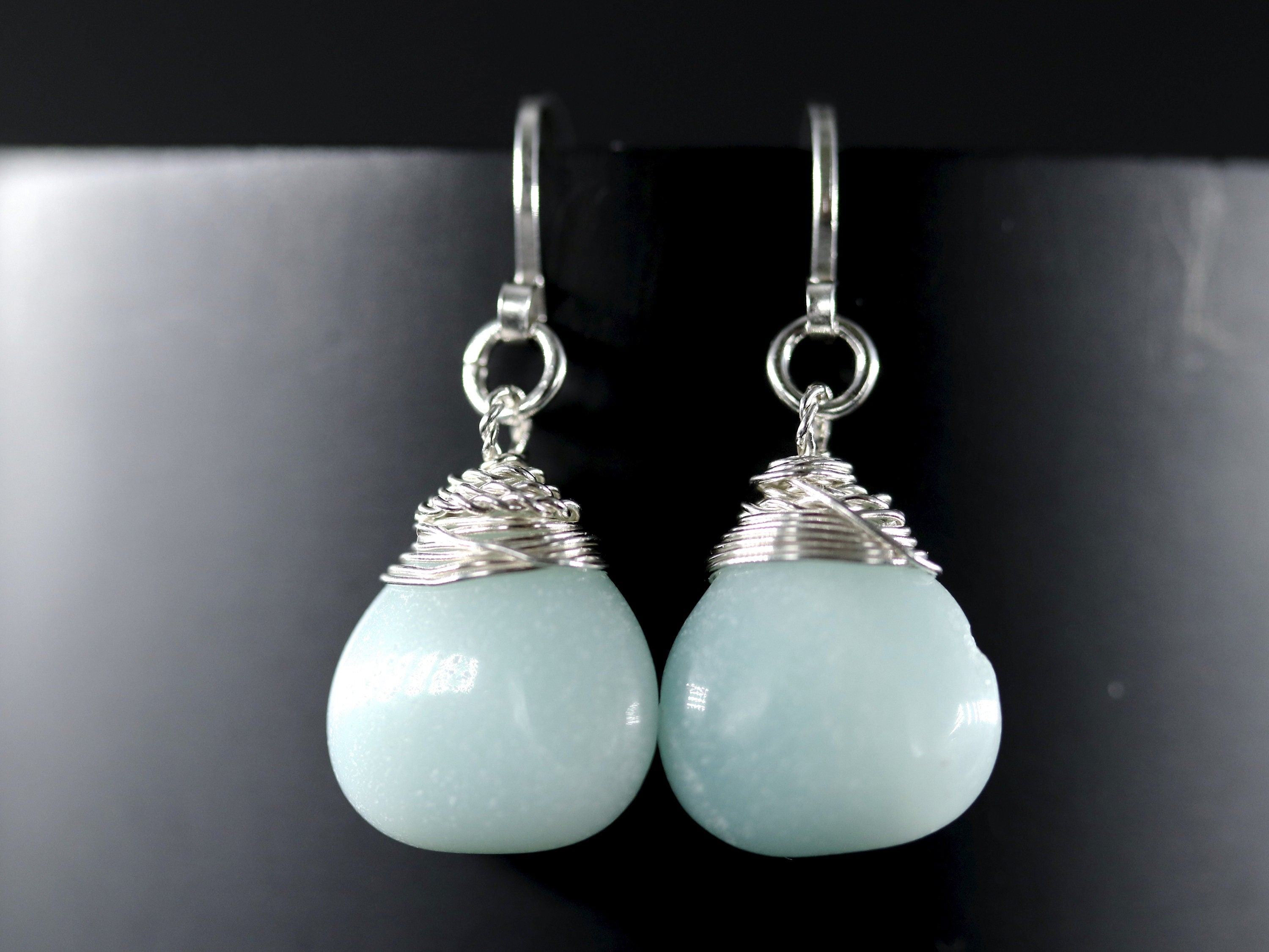 Amazonite Teardrop Gemstone Earrings, Sterling Silver Something Blue