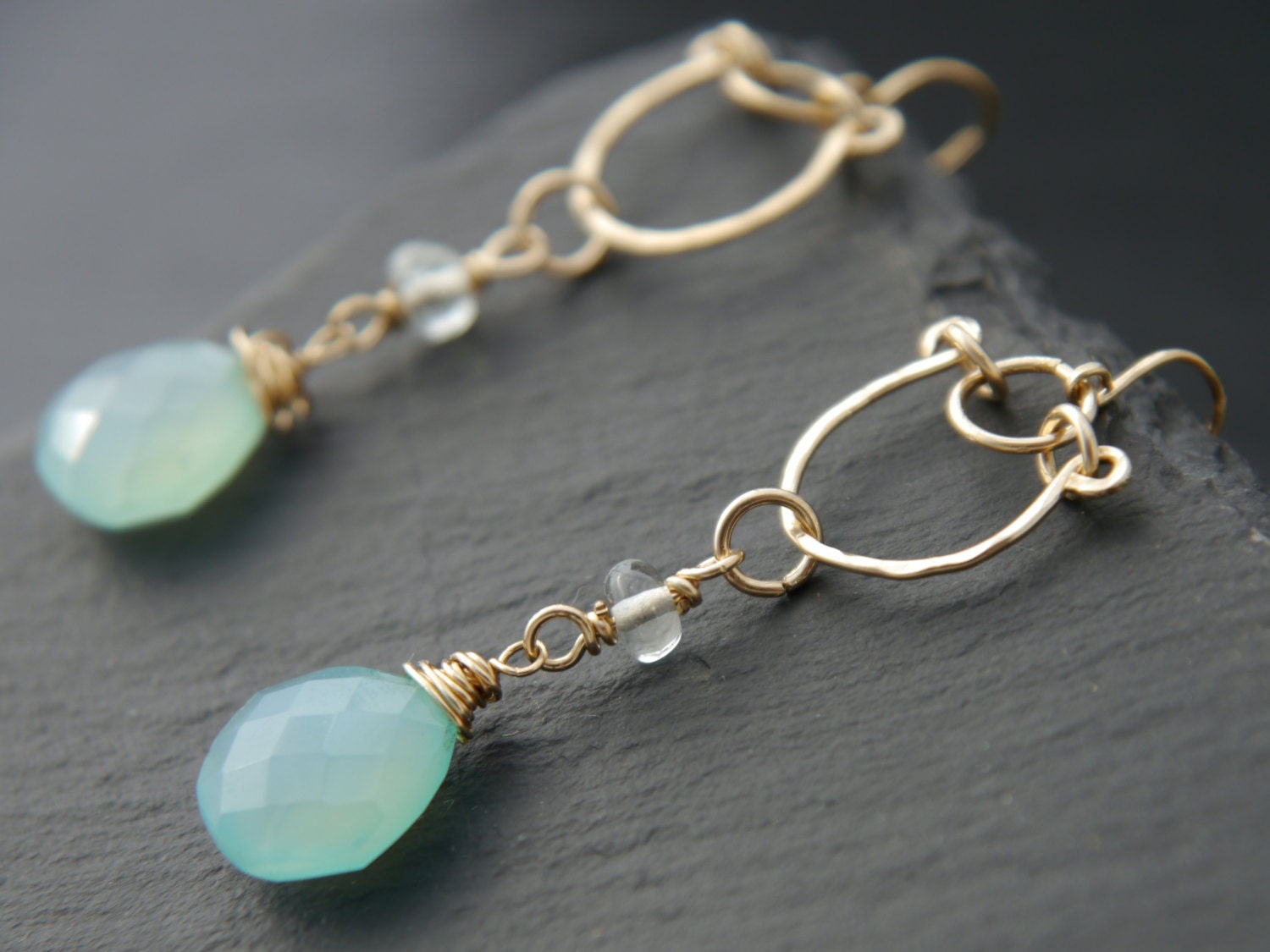 Aqua Chalcedony Heart Chandelier Gemstone Earrings, 14K Gold Filled Bohemian Wedding