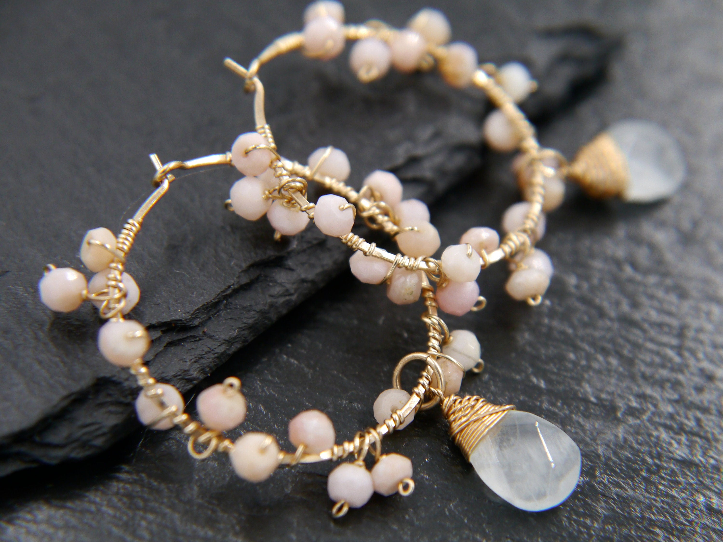 Aquamarine Pink Opal Floral Hoop Gemstone Earrings, 14K Gold Filled Bridal