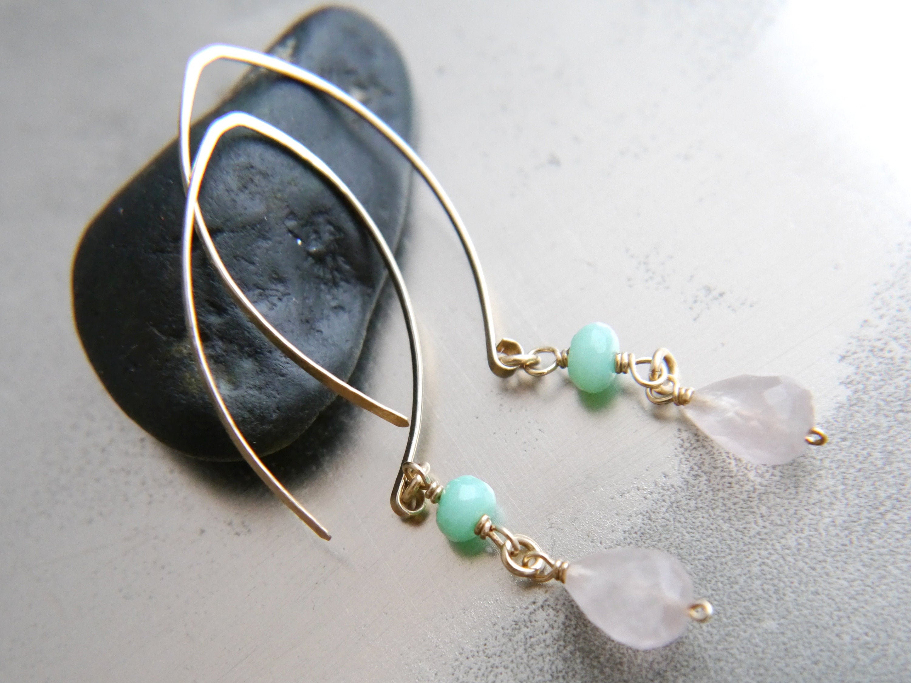 Rose Quartz Chrysoprase Hoop Gemstone Earrings, 14K Gold Filled Boho Wedding Jewelry