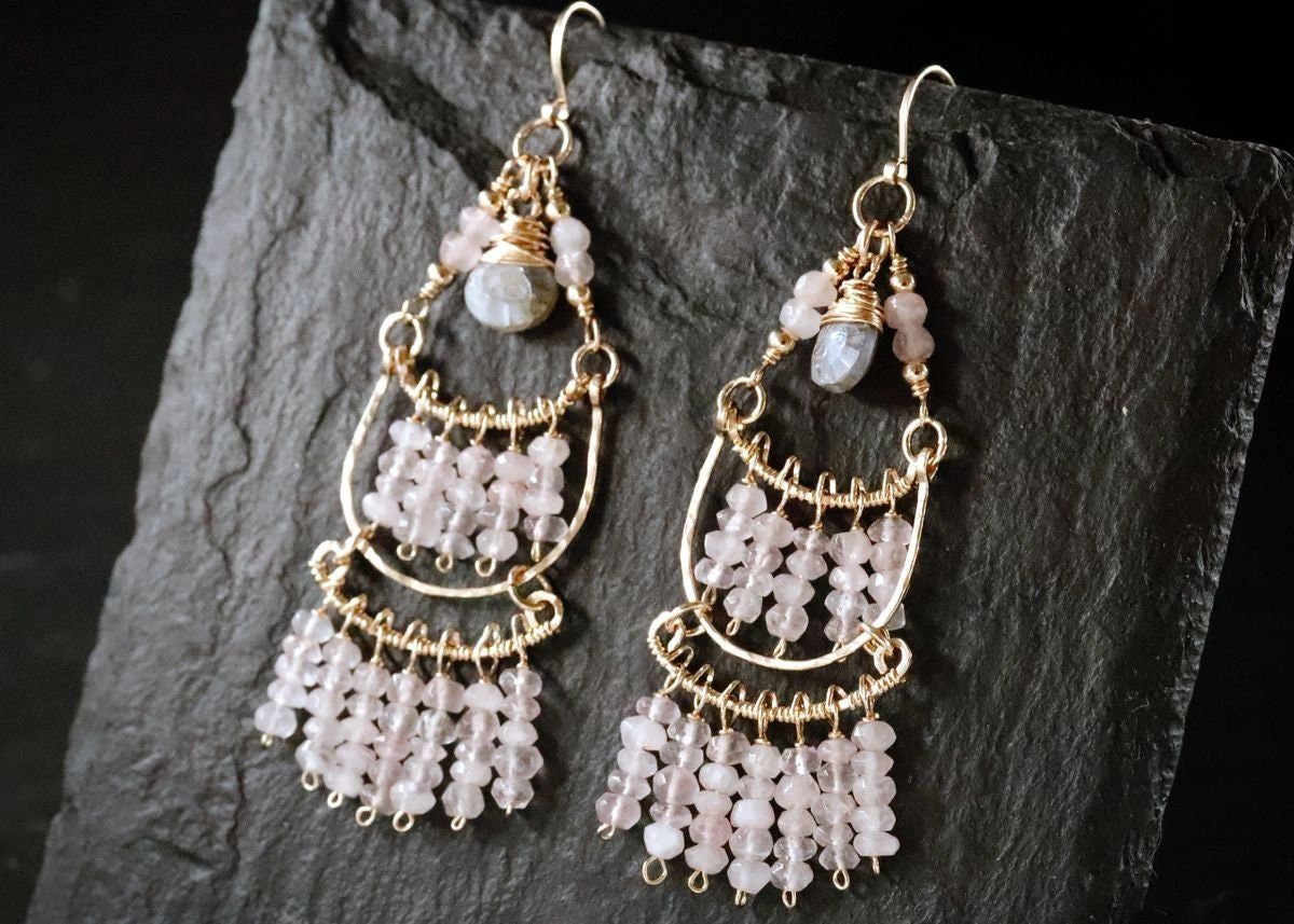 Rose Quartz Labradorite Fringe Chandelier Gemstone Earrings, 14K Gold Filled