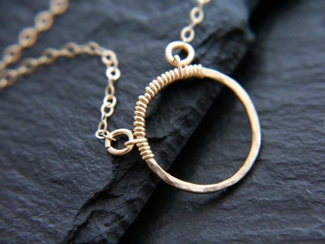 Hammered Circle Pendant Necklace, 14K Gold Filled, Minimalist Style