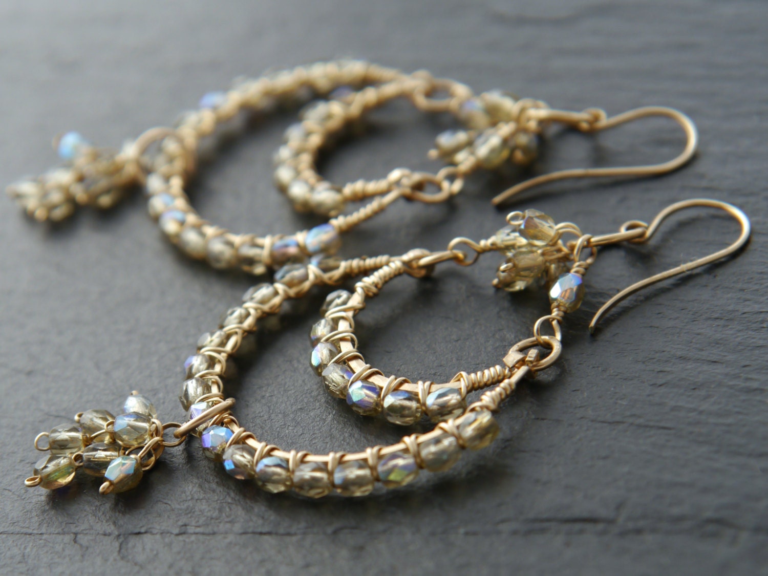 Champagne Crystal Chandelier Gemstone Earrings, 14K Gold Filled Bohemian Style