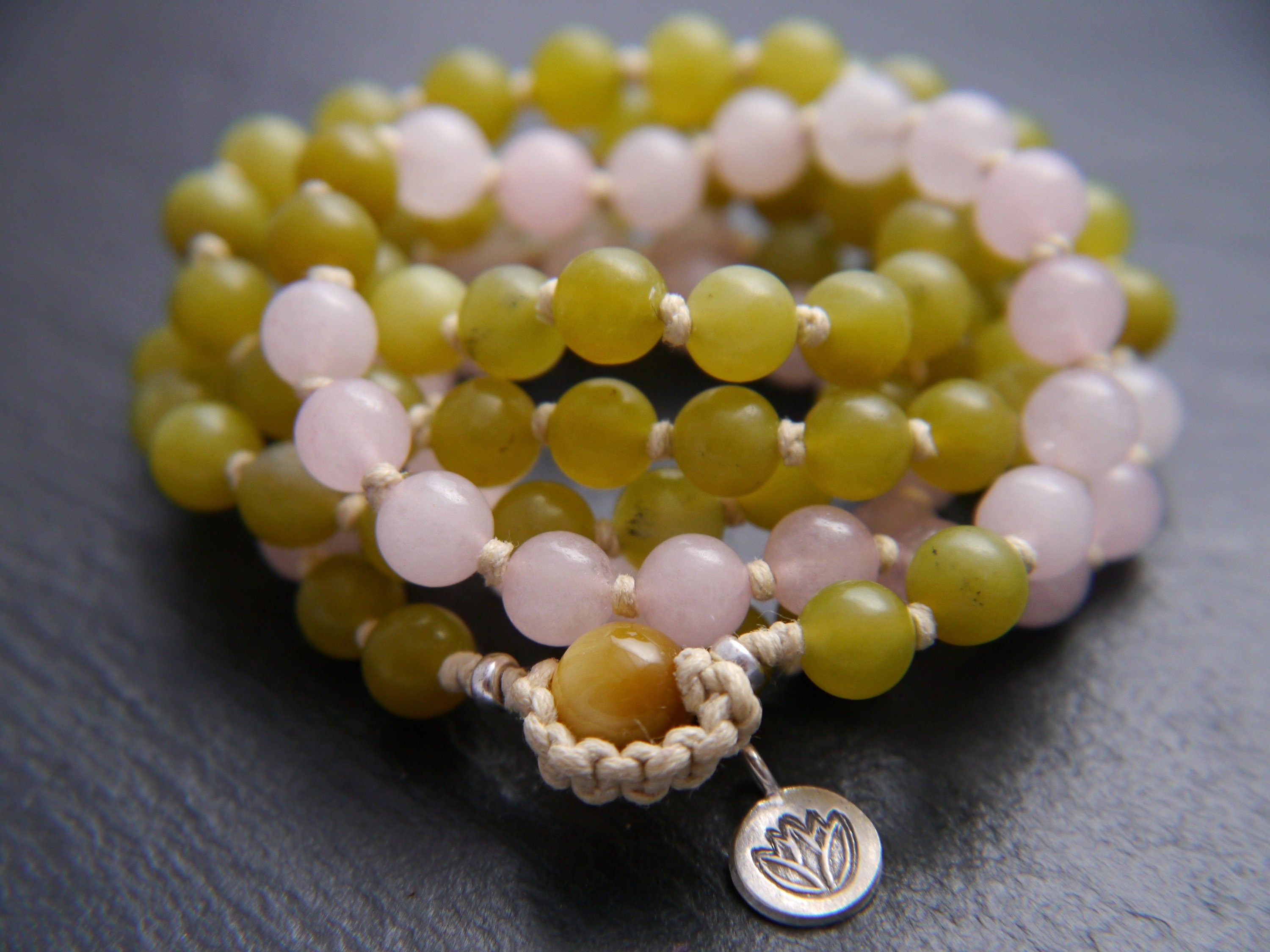 Rose Quartz Serpentine Mala Beads, 108 Gemstone Beads, Wrap, Hand Knotted