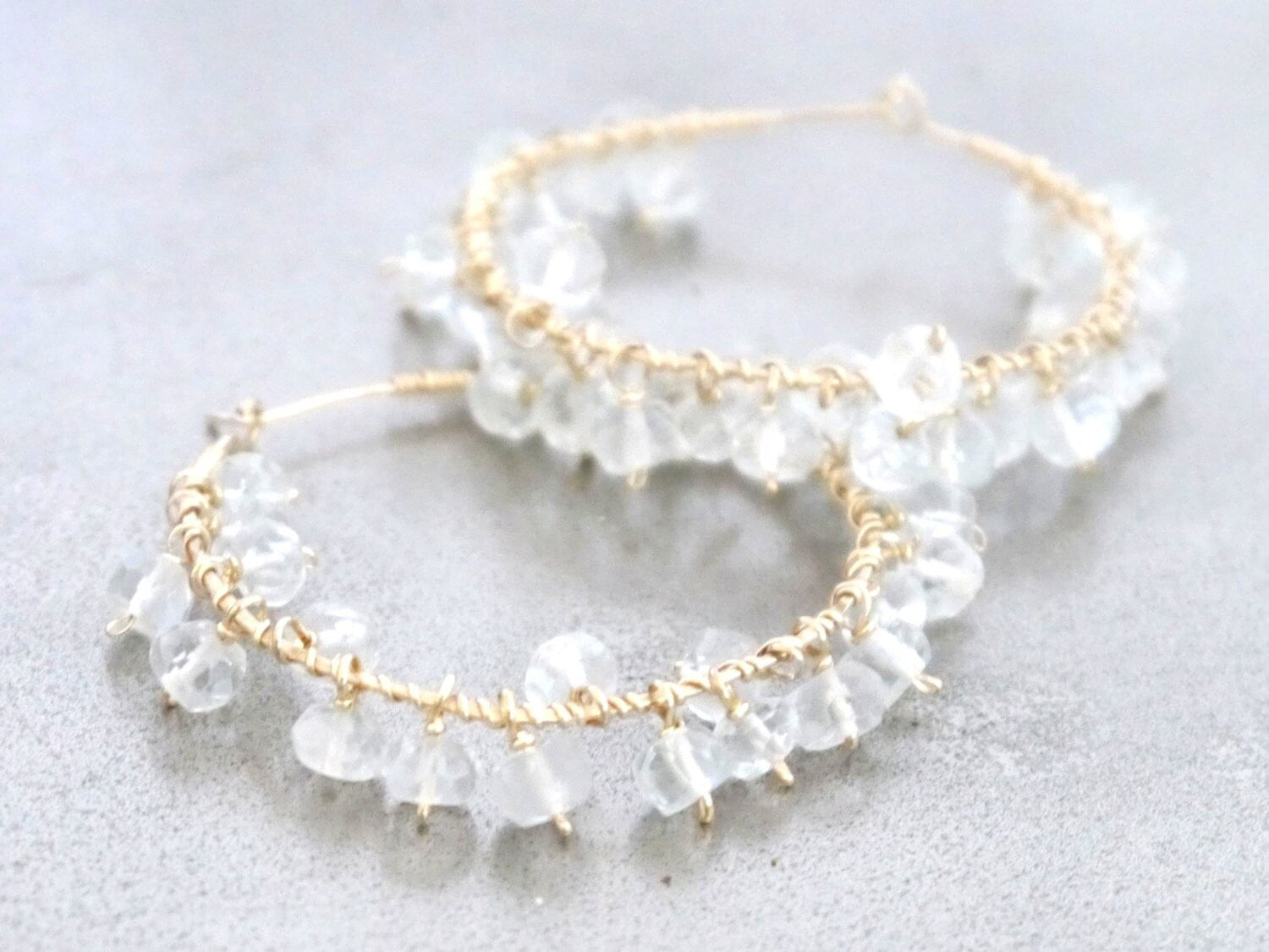 Aquamarine Floral Cluster Fringe Hoop Gemstone Earrings, 14K Gold Filled Unique Boho