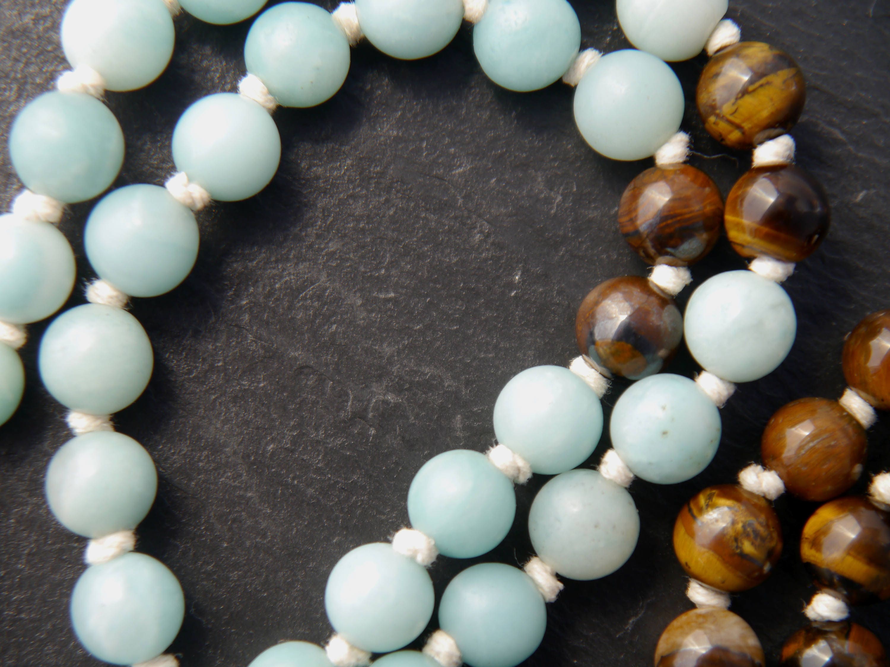 Brown Tiger’s Eye Blue Amazonite Mala Beads, 108 Gemstone Beads, Wrap, Hand Knotted