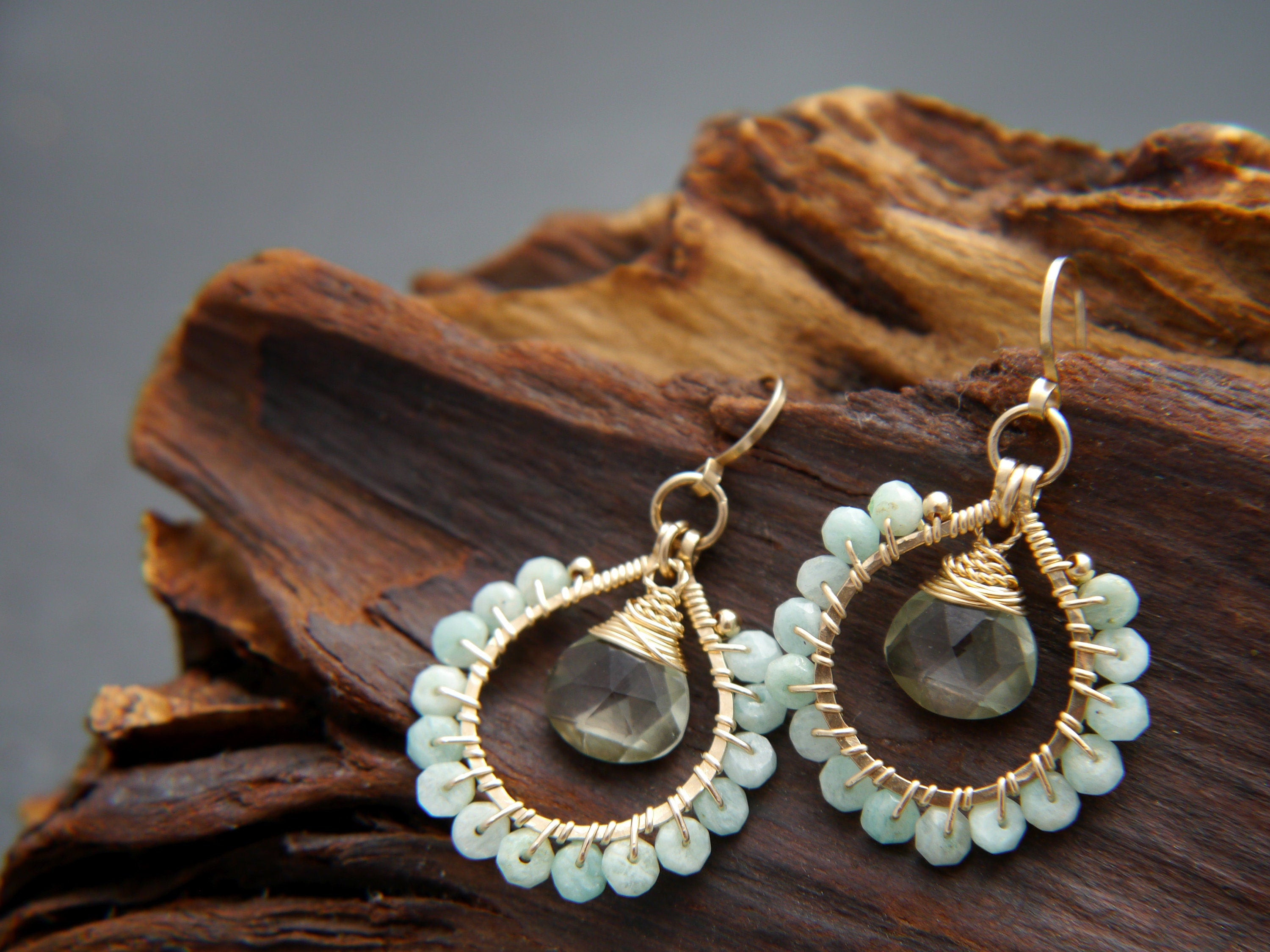 Amazonite Green Amethyst Hoop Earrings, 14K Gold Filled Gemstone Hoops, February Birthstone