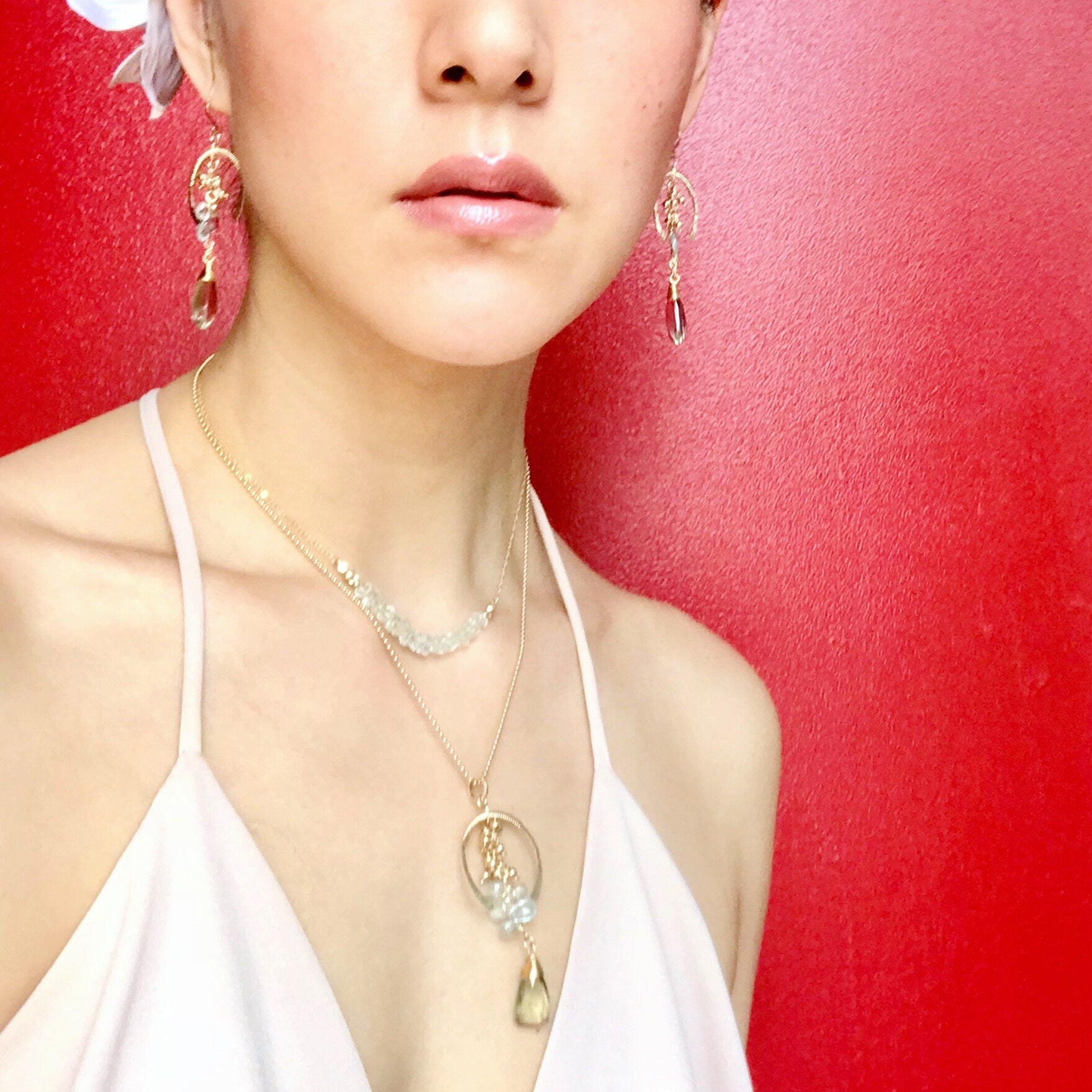 Green Amethyst Chandelier Gemstone Earrings, 14K Gold Filled Elegant Bridal
