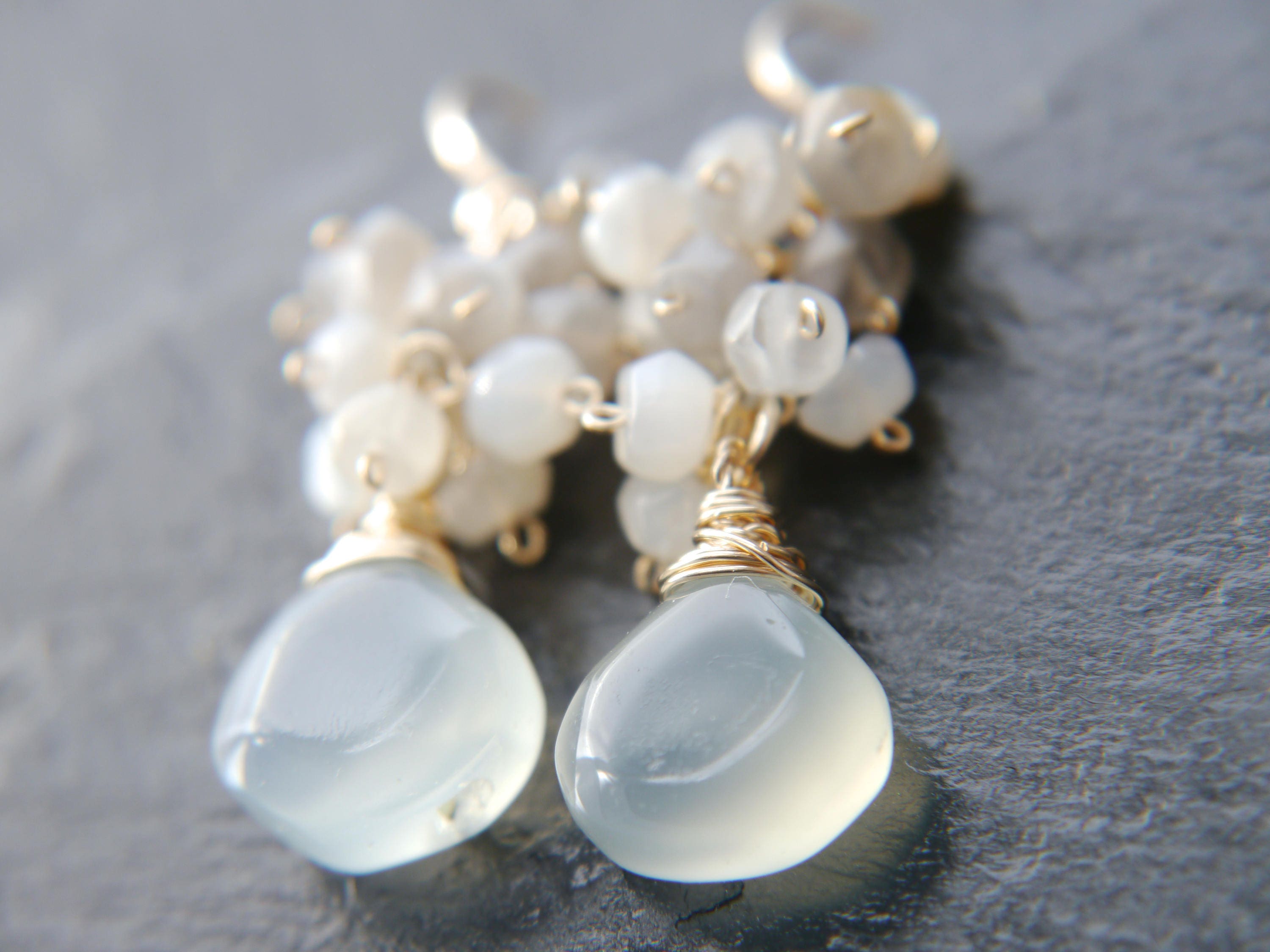 Aqua Chalcedony Briolette Moonstone Cluster Gemstone Earrings, 14K Gold Filled