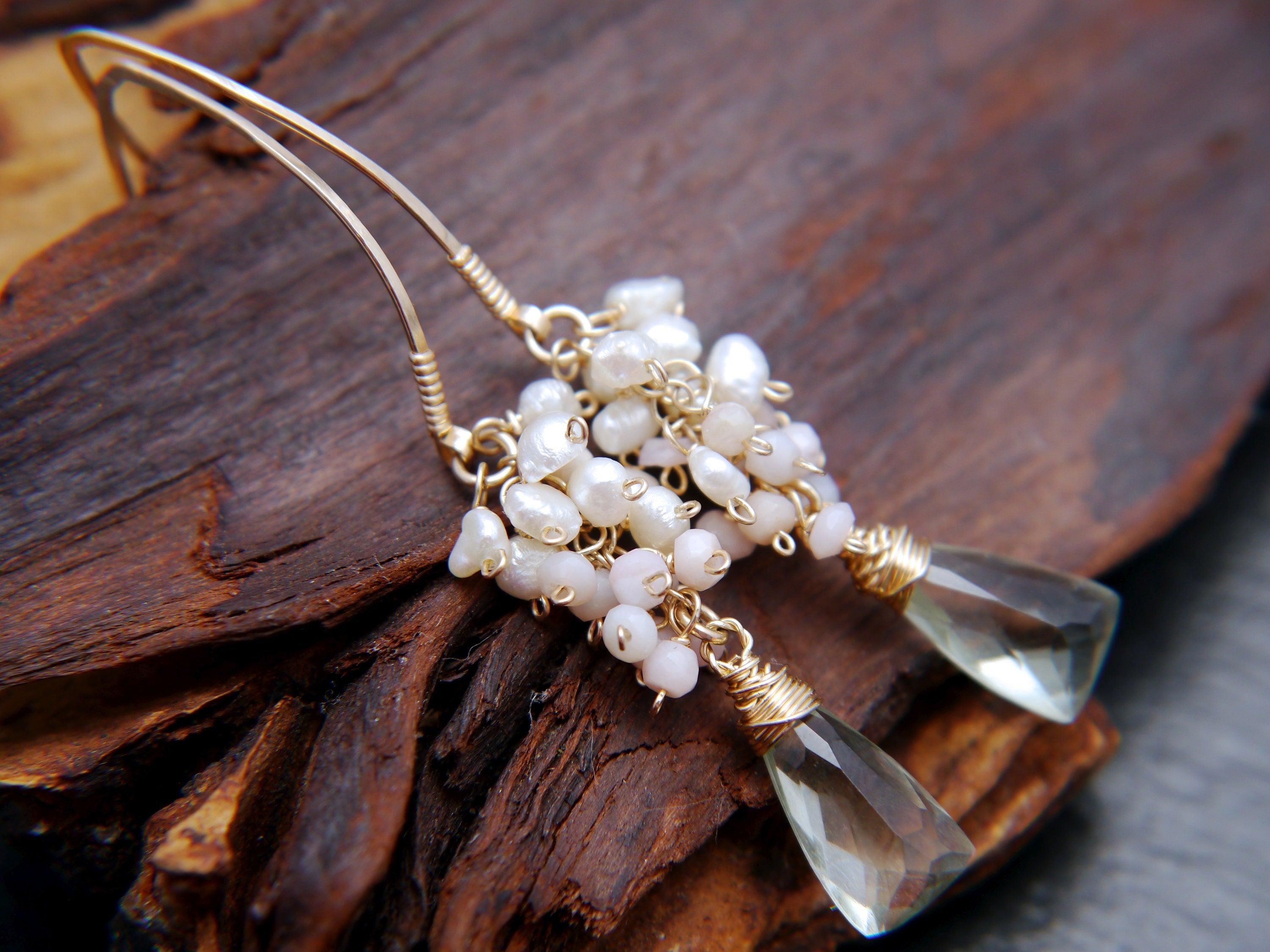 Pearl Pink Opal Green Amethyst Floral Gemstone Earrings, 14K Gold Filled Bohemian Jewelry