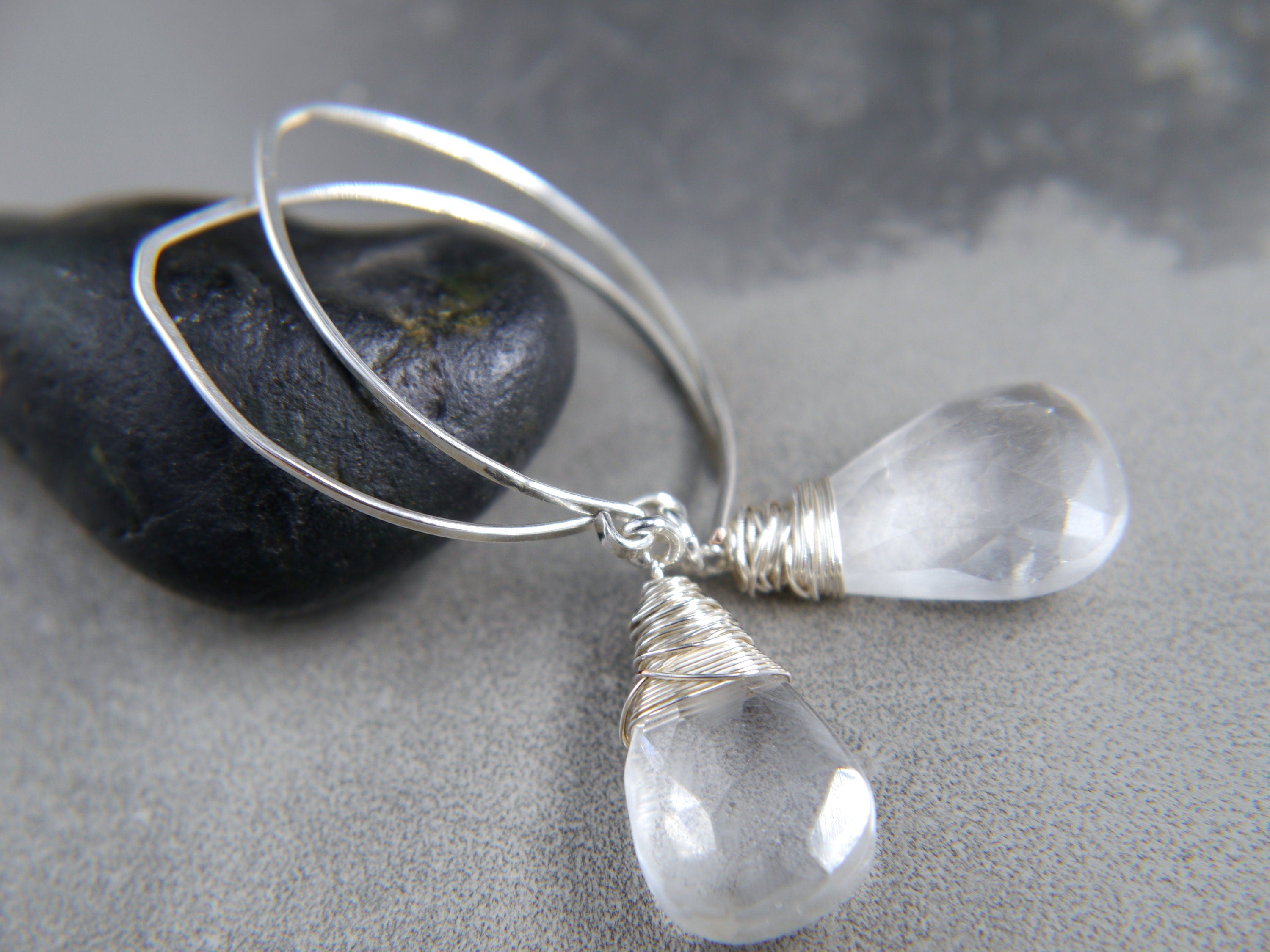 Clear Quartz Hoop Gemstone Earrings, Sterling Silver